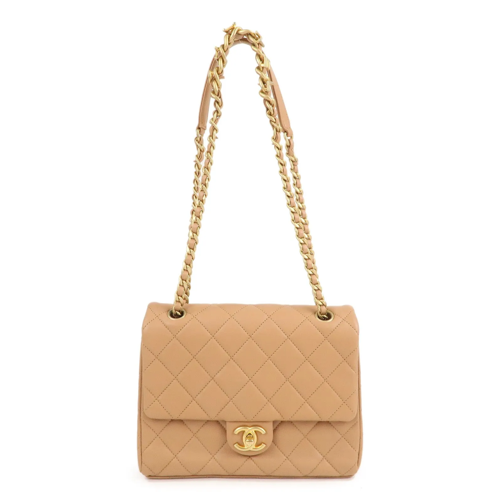 CHANEL Matelasse Lamb Skin Chain Shoulder Bag Beige Gold HDW