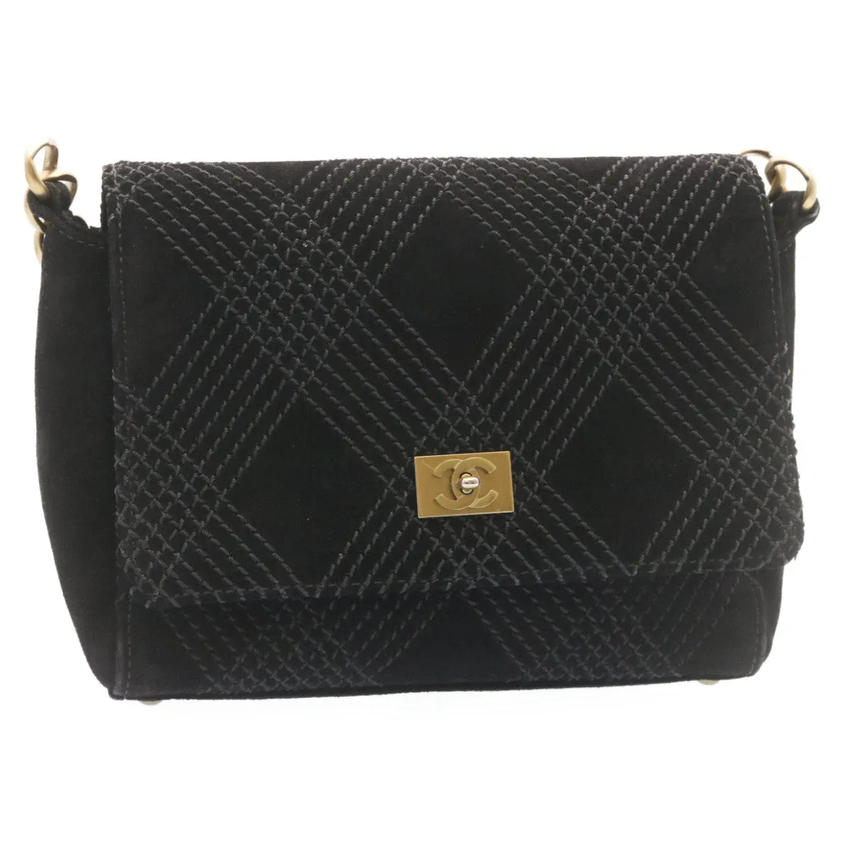 Chanel Turn Lock Shoulder Bag Suede Black CC  18959