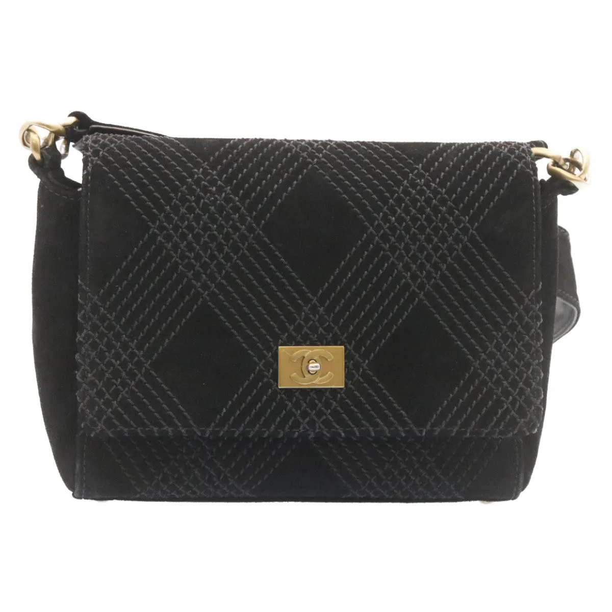 Chanel Turn Lock Shoulder Bag Suede Black CC  18959