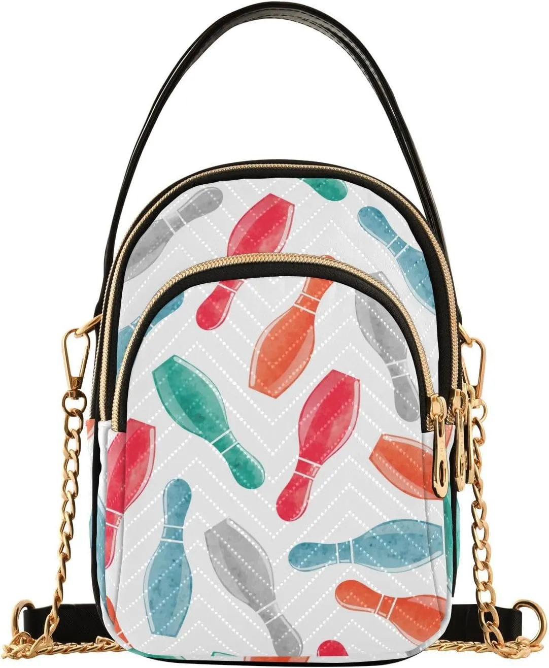 Colorful Watercolor Bowling Pins Pattern Design Crossbody Bags Shoulder Bag for Women Stylish Ladies Messenger Bags Cell Phone Purse and Handbags Wallet