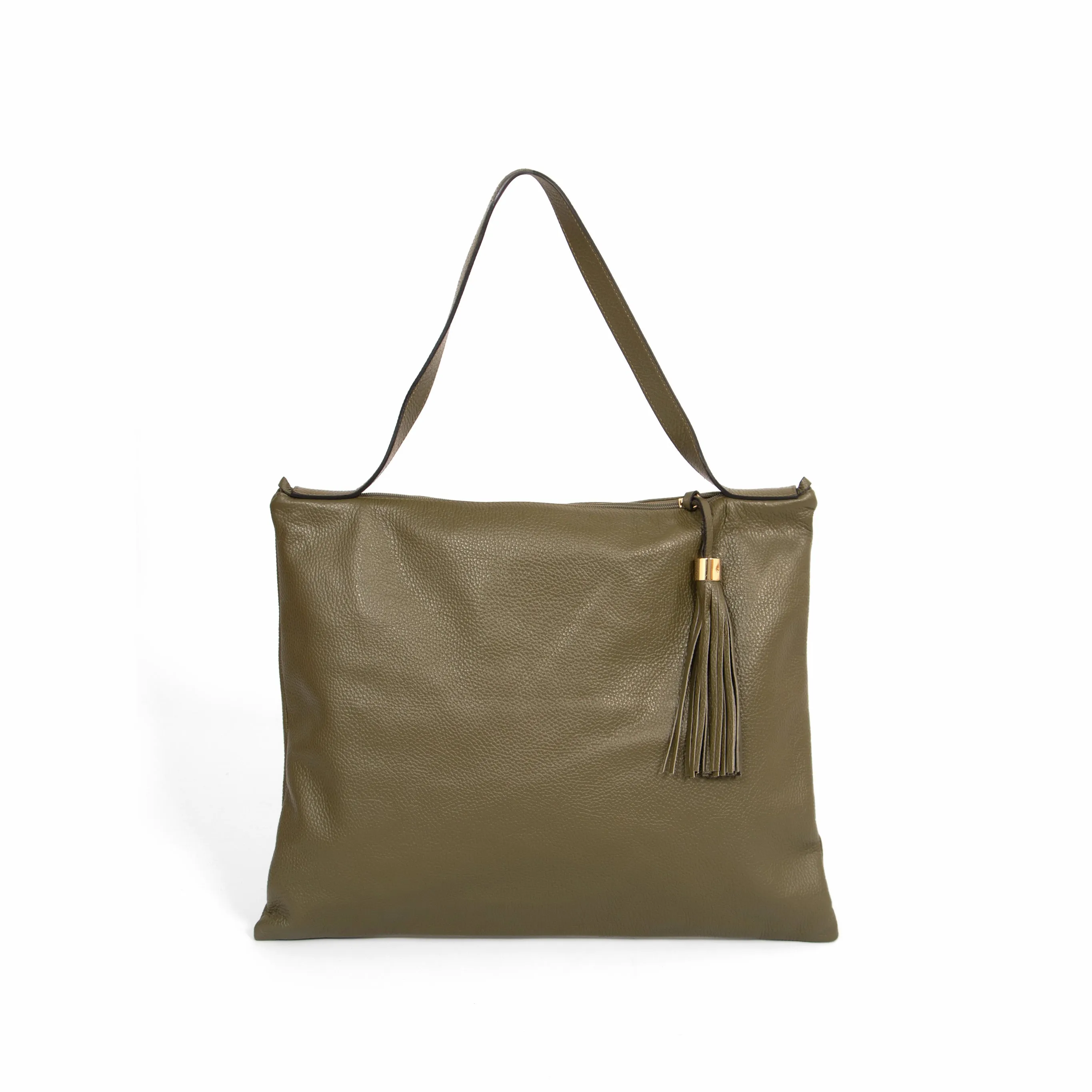 Dulce Italian Leather Large Tote Bag - Khaki, Pebbled
