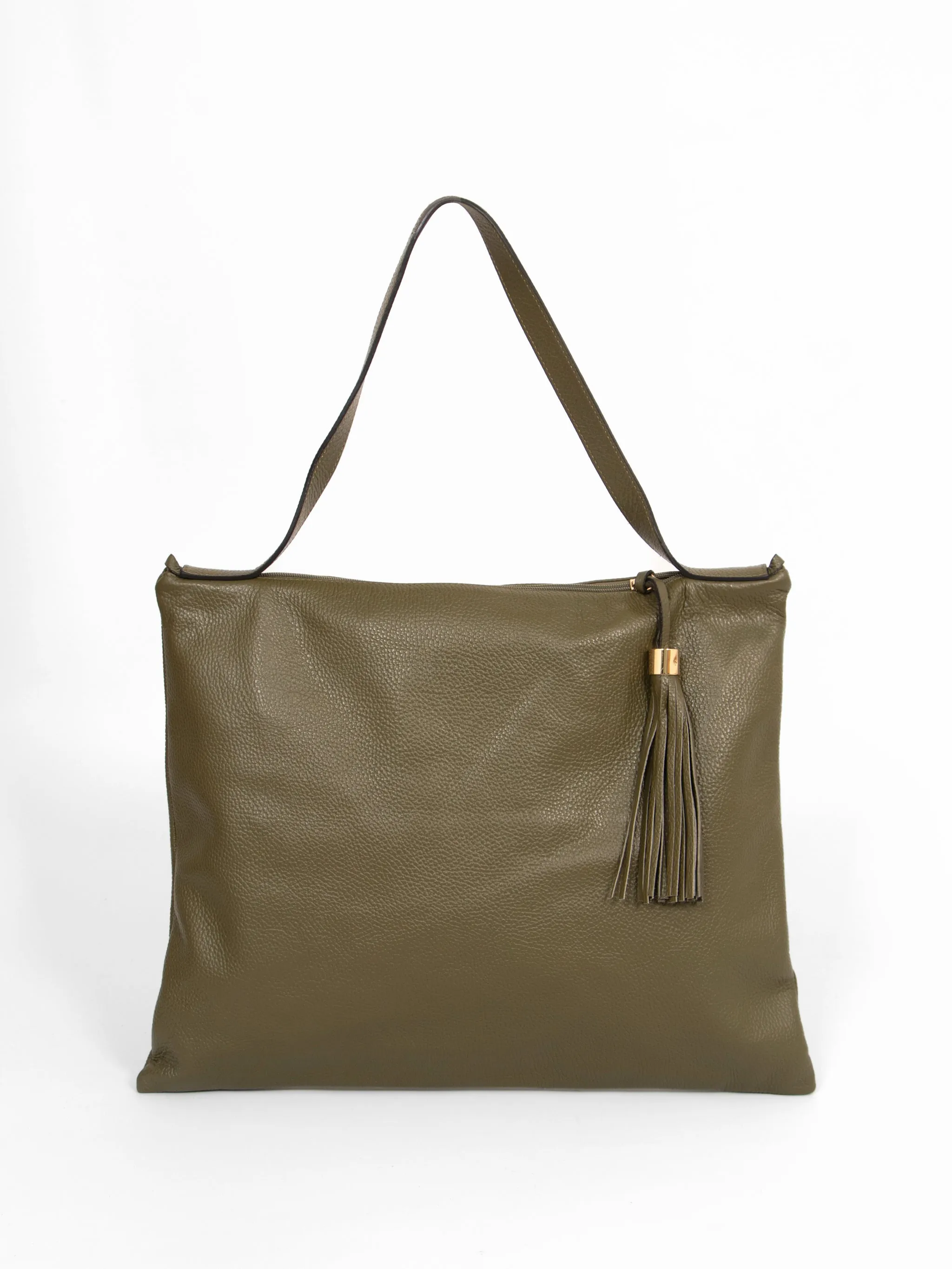 Dulce Italian Leather Large Tote Bag - Khaki, Pebbled