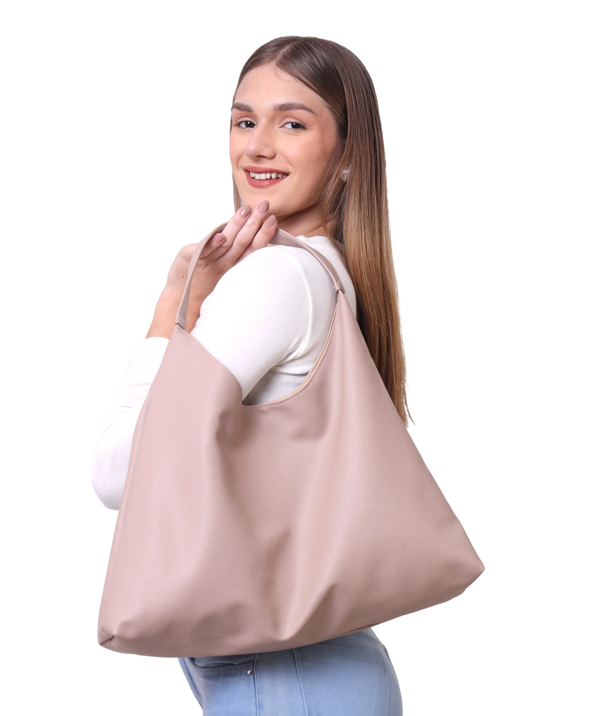 Dusty Pink Synthetic Leather Handbag Bag With Hanging Pouch For Women