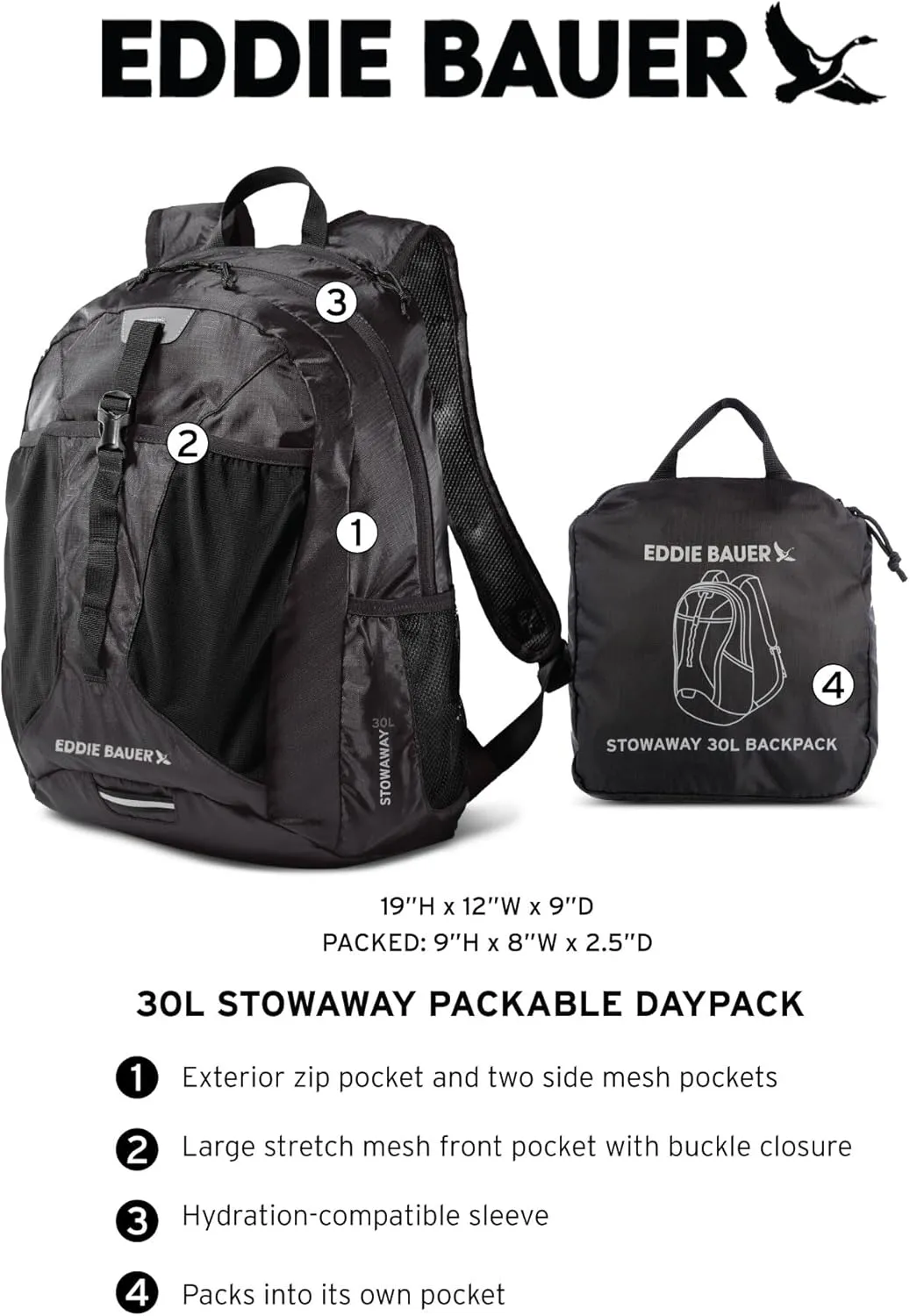 Eddie Bauer Stowaway Packable Backpack-Made from Ripstop Polyester, Black Cherry, 30L