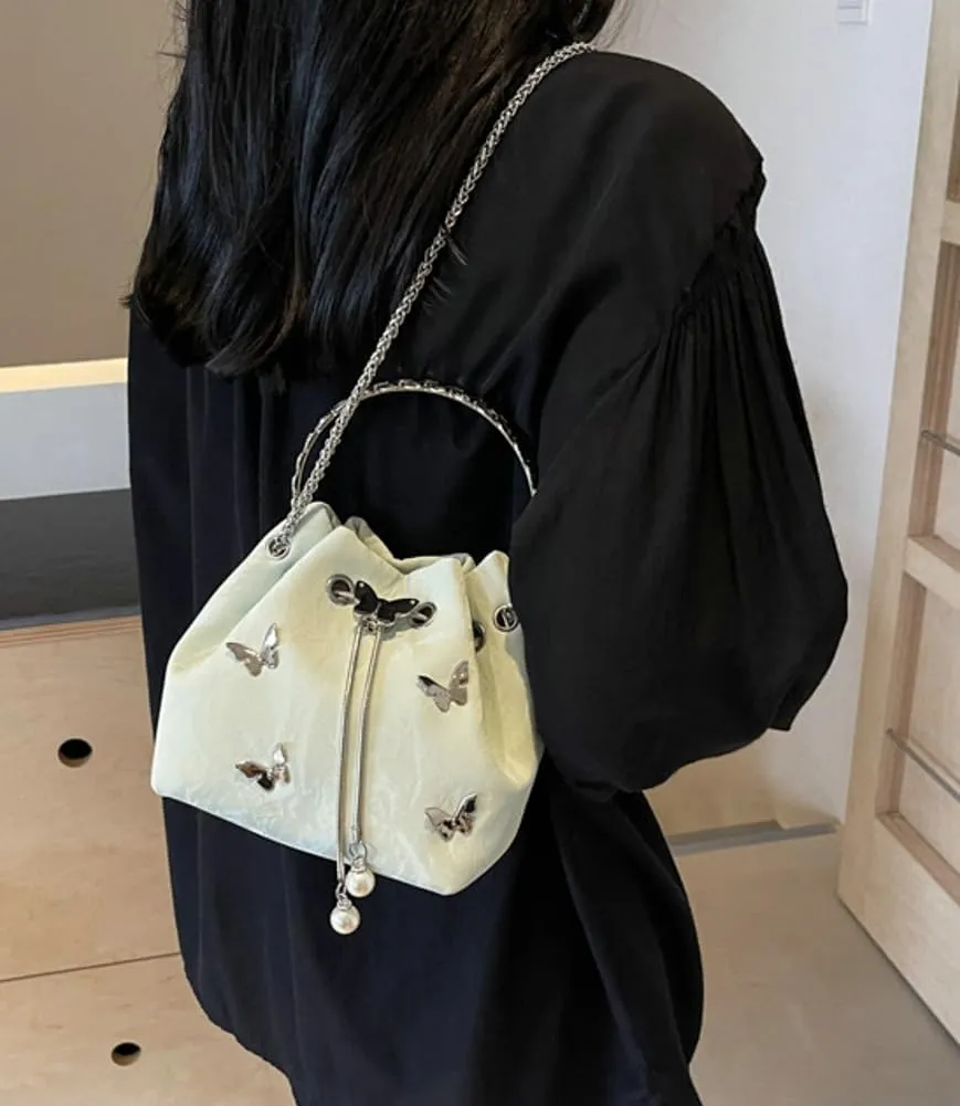 Exquisite Bucket Bag for Women Mini Drawstring Hobo Shoulder Bag Stylish Top Handle Purse Leisure Crossbody Bag with Chain