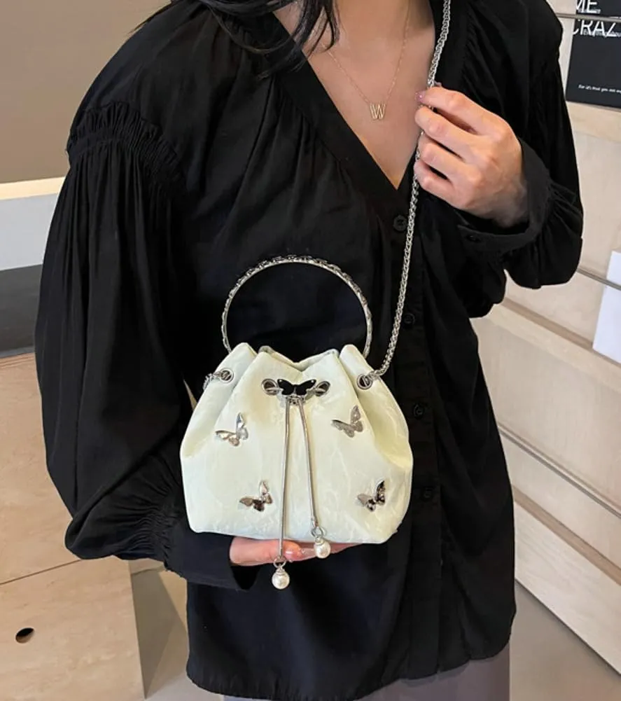 Exquisite Bucket Bag for Women Mini Drawstring Hobo Shoulder Bag Stylish Top Handle Purse Leisure Crossbody Bag with Chain
