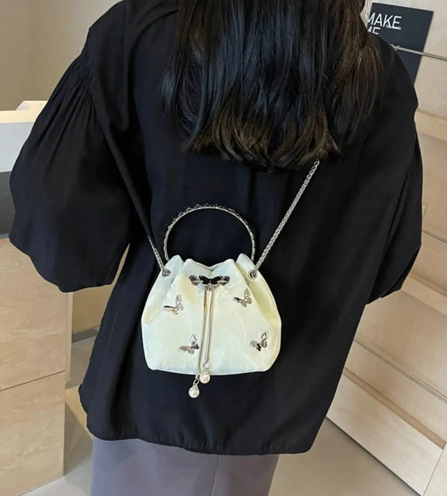 Exquisite Bucket Bag for Women Mini Drawstring Hobo Shoulder Bag Stylish Top Handle Purse Leisure Crossbody Bag with Chain