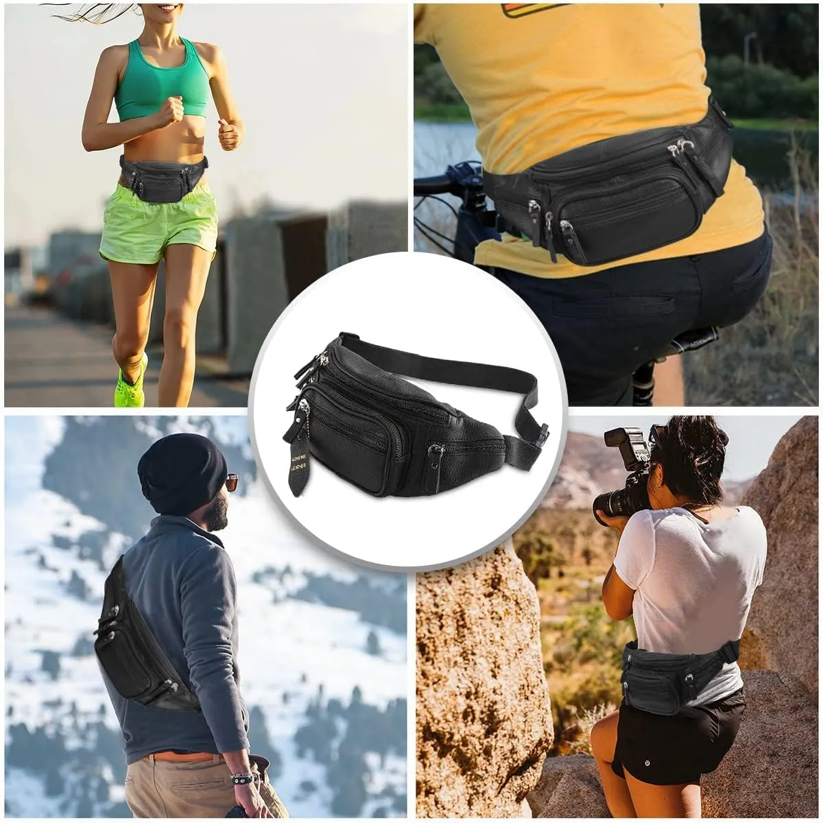 Fanny Pack Waist Bag Multifunction Genuine Leather Hip Bum Bag Travel Pouch for Men and Women- Multiple Pockets & Sturdy Zippers Ideal for Hiking Running And Cycling