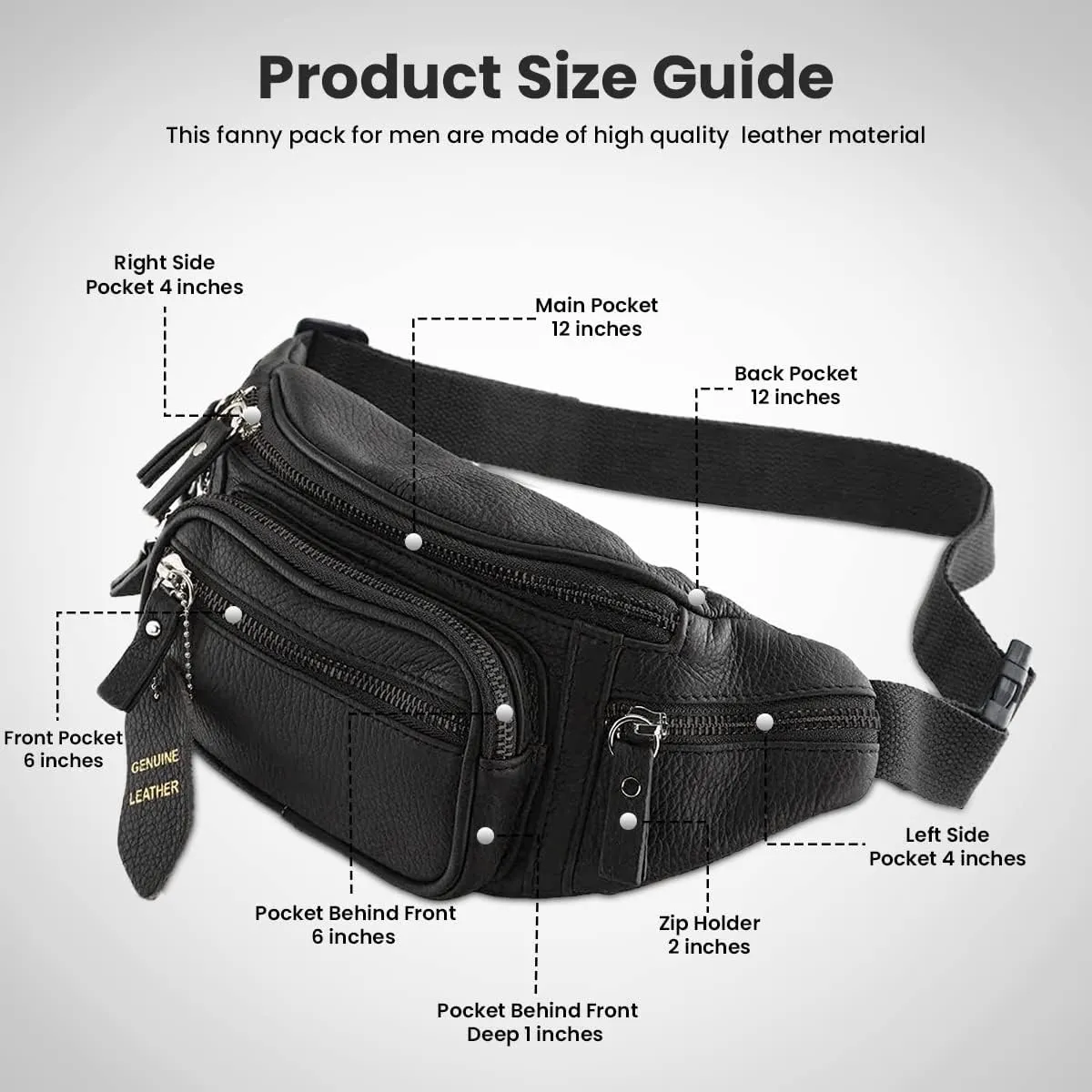 Fanny Pack Waist Bag Multifunction Genuine Leather Hip Bum Bag Travel Pouch for Men and Women- Multiple Pockets & Sturdy Zippers Ideal for Hiking Running And Cycling