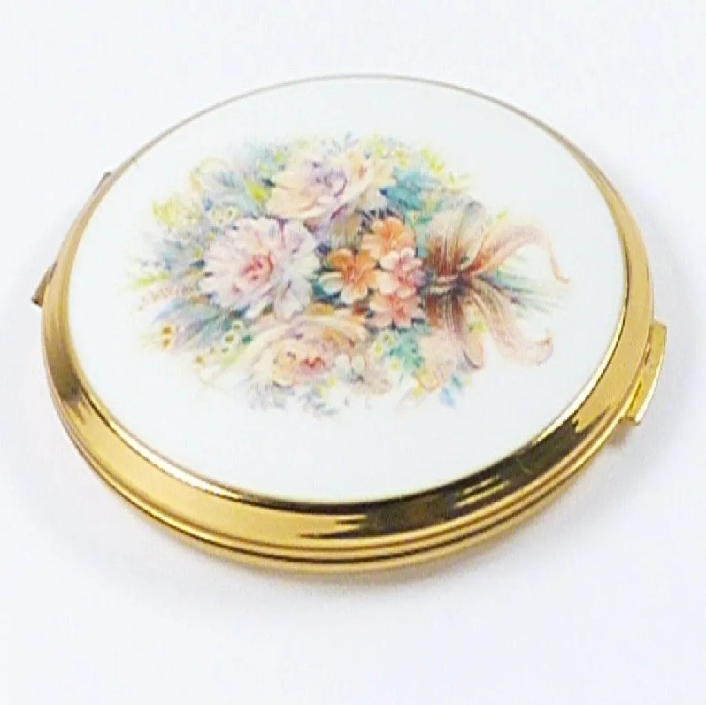 Floral Stratton Makeup Mirror Compact With Felt Pouch And Sifter