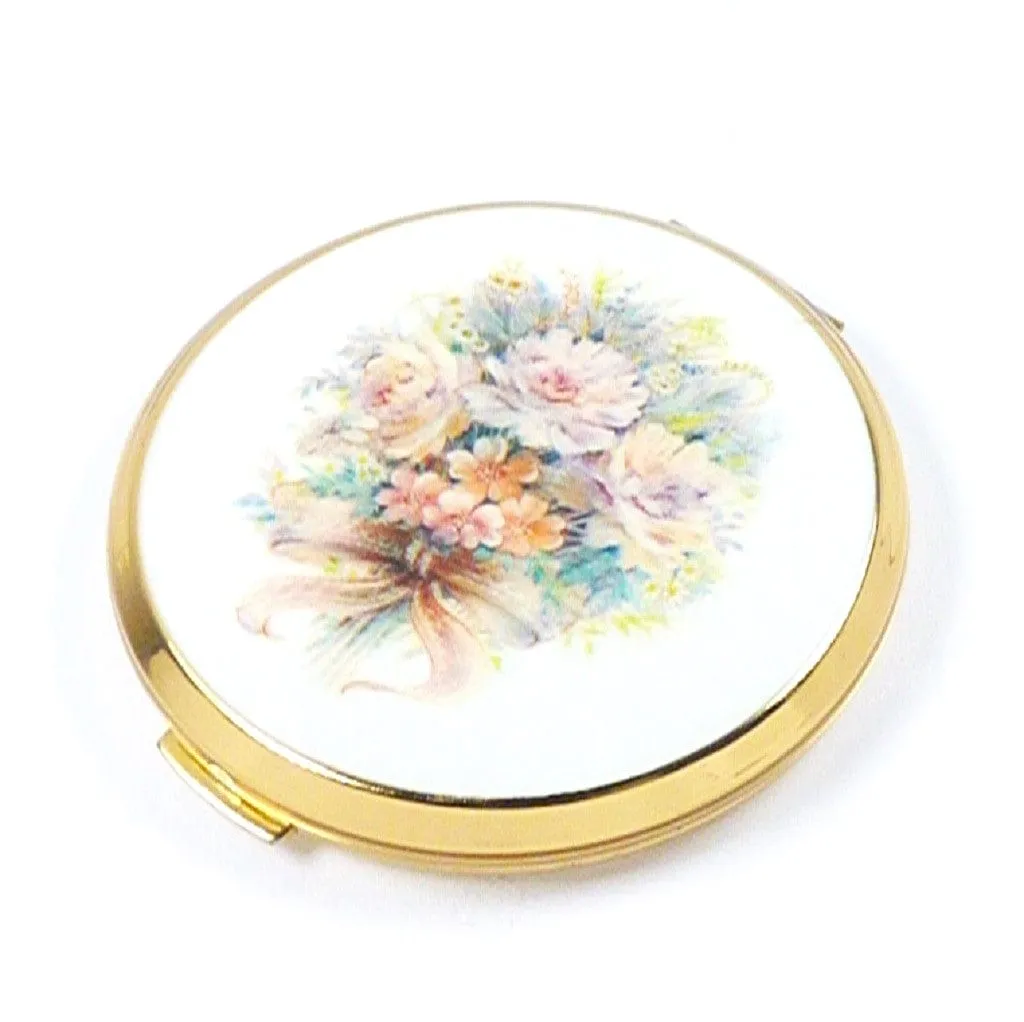 Floral Stratton Makeup Mirror Compact With Felt Pouch And Sifter