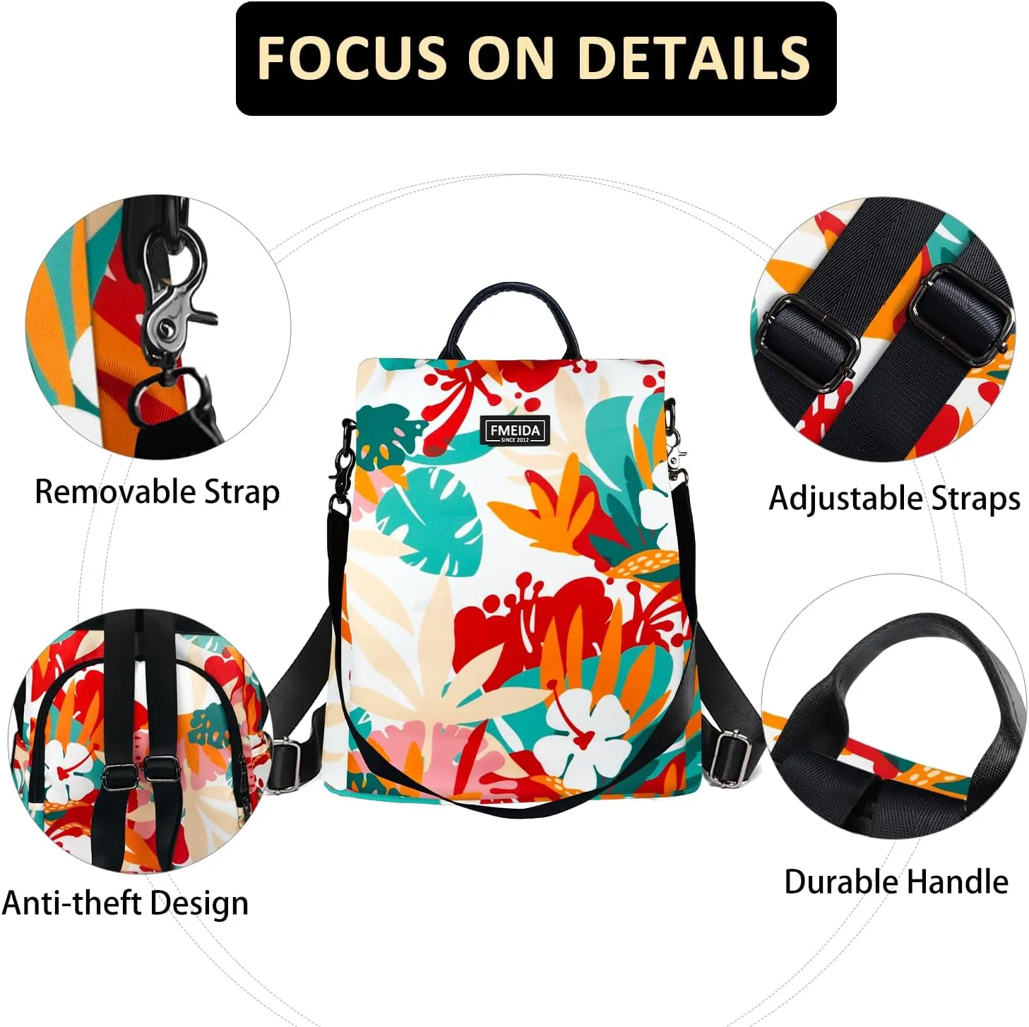 Fmeida Backpack for Women Anti Theft Travel Nylon Backpack Purse Convertible Bookbag Fashion Casual Daypack Colorful Rainforest