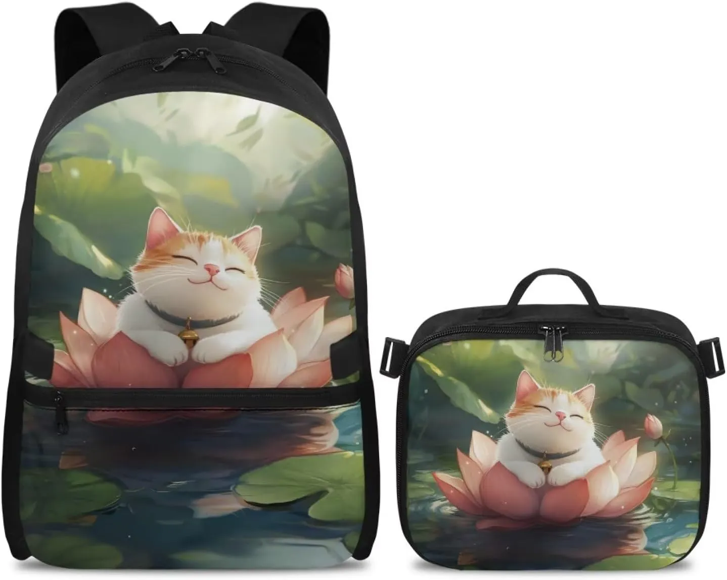 FOR U DESIGNS Girls Cat Backpack with Lunch Bag Attached 17 Inch Versatile Kids Bookbag, Ergonomic School Backpack with Lunch Box for Outdoor Classroom Organization