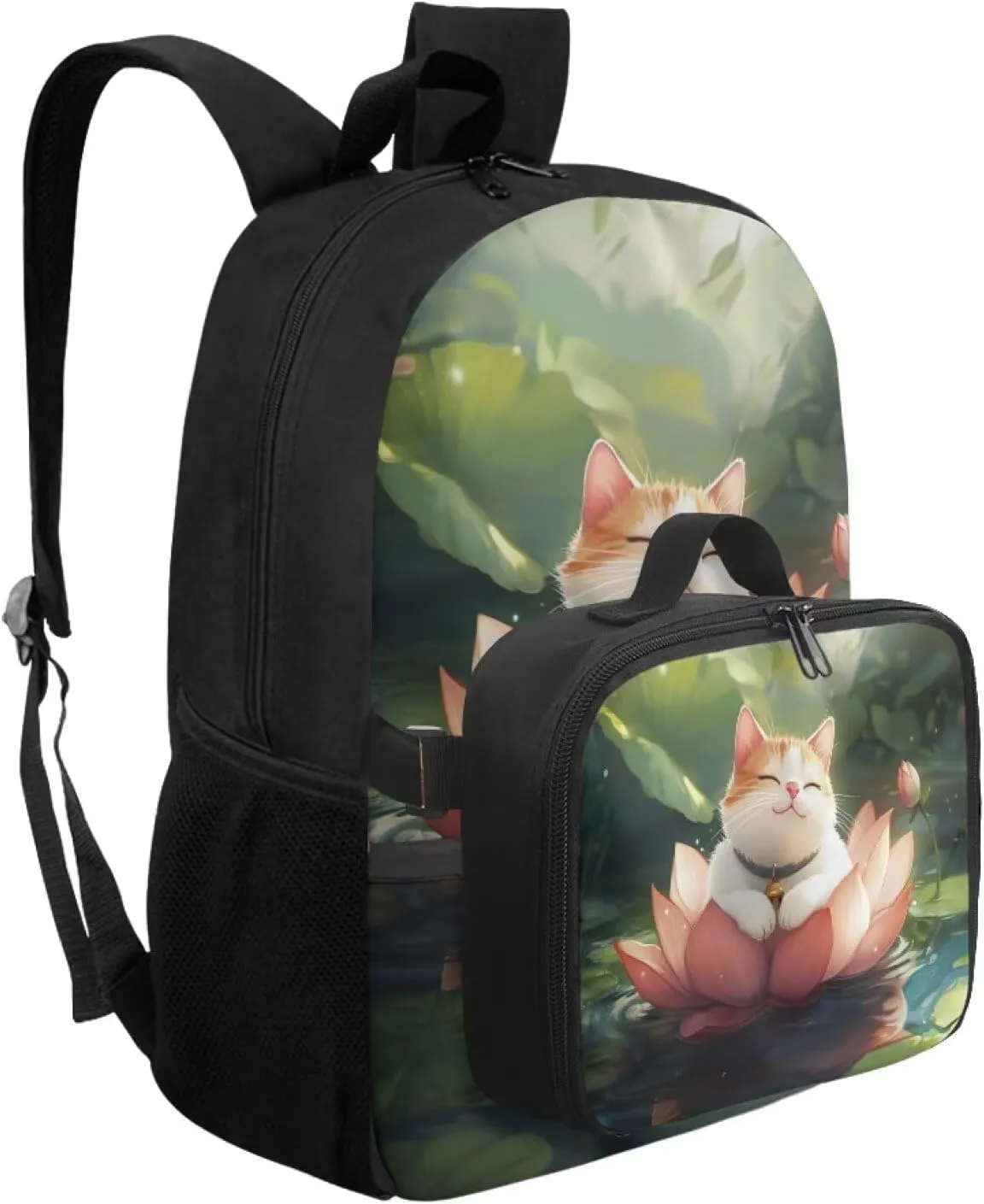 FOR U DESIGNS Girls Cat Backpack with Lunch Bag Attached 17 Inch Versatile Kids Bookbag, Ergonomic School Backpack with Lunch Box for Outdoor Classroom Organization
