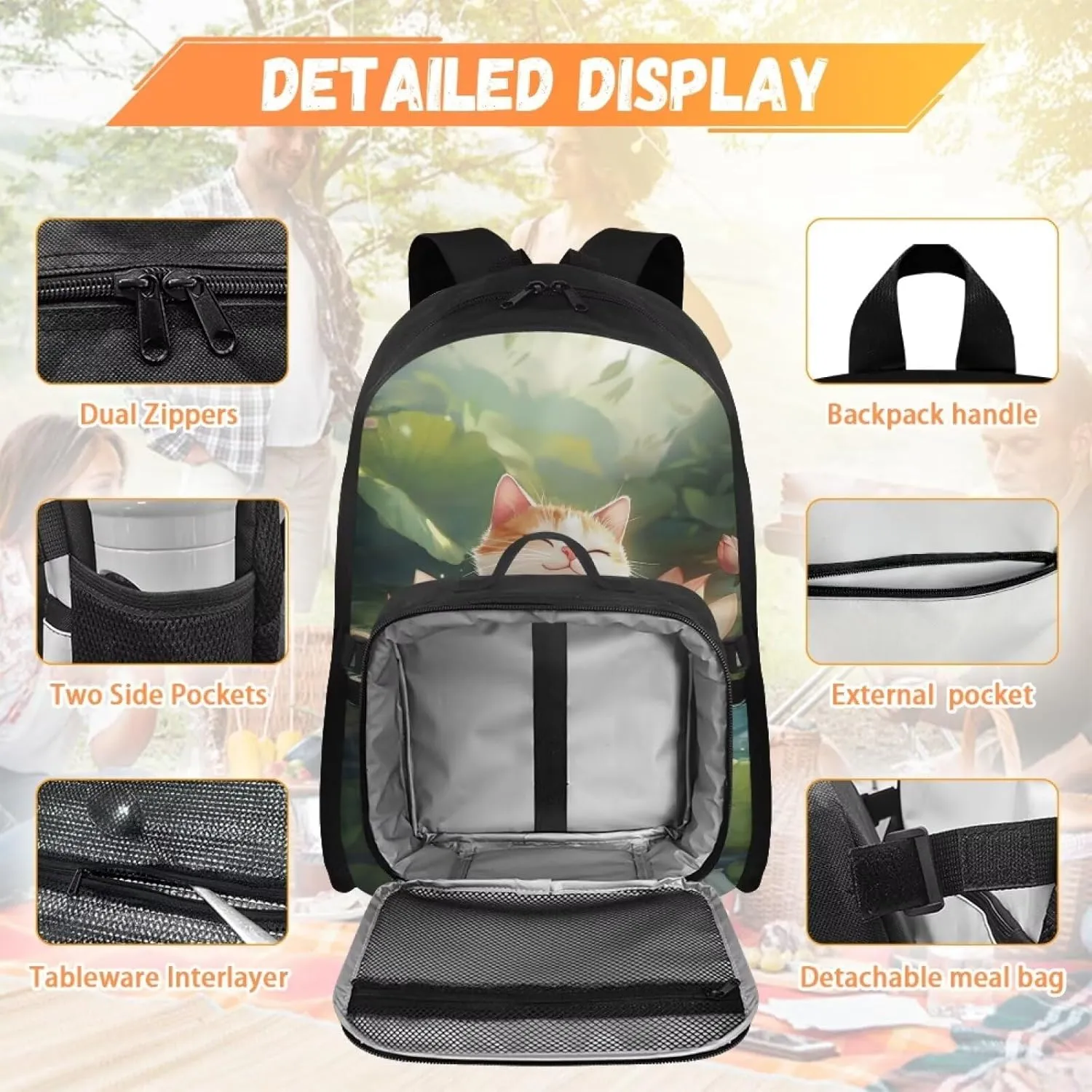 FOR U DESIGNS Girls Cat Backpack with Lunch Bag Attached 17 Inch Versatile Kids Bookbag, Ergonomic School Backpack with Lunch Box for Outdoor Classroom Organization