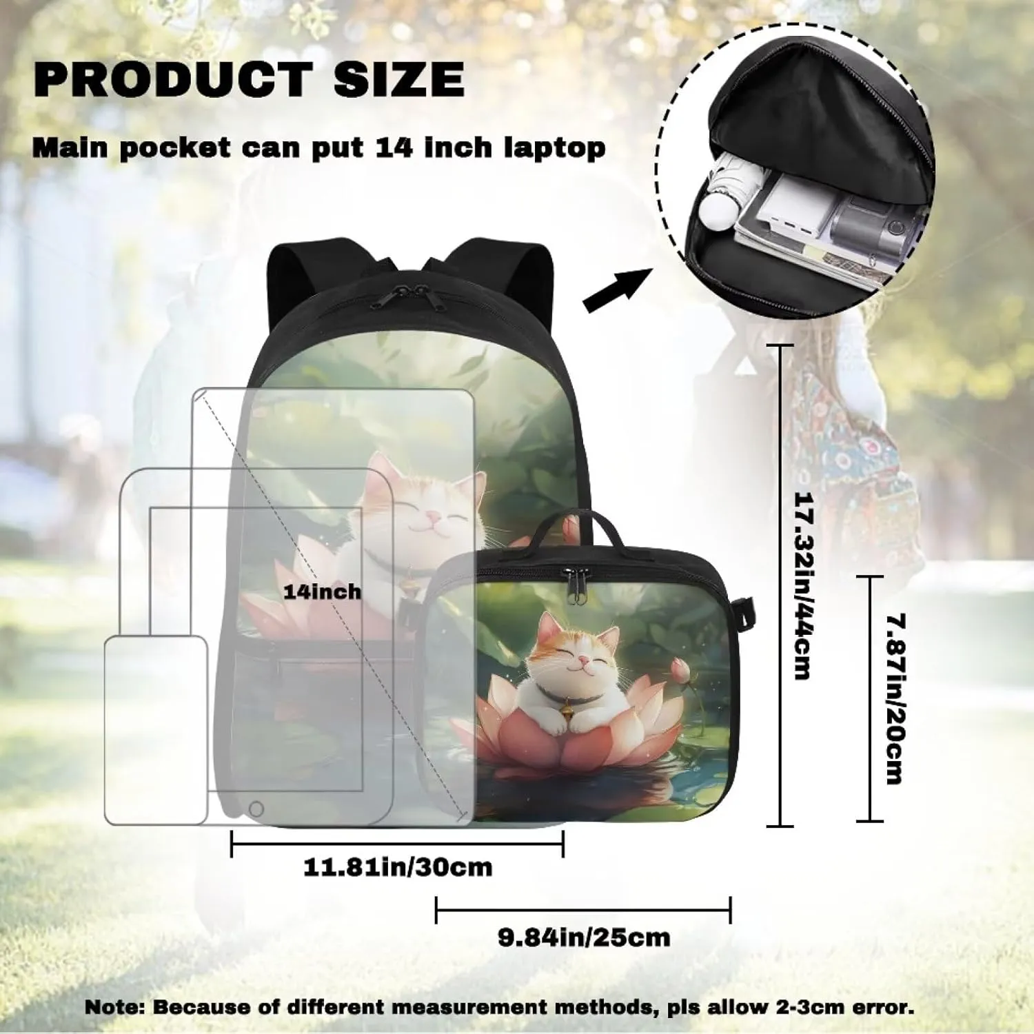 FOR U DESIGNS Girls Cat Backpack with Lunch Bag Attached 17 Inch Versatile Kids Bookbag, Ergonomic School Backpack with Lunch Box for Outdoor Classroom Organization