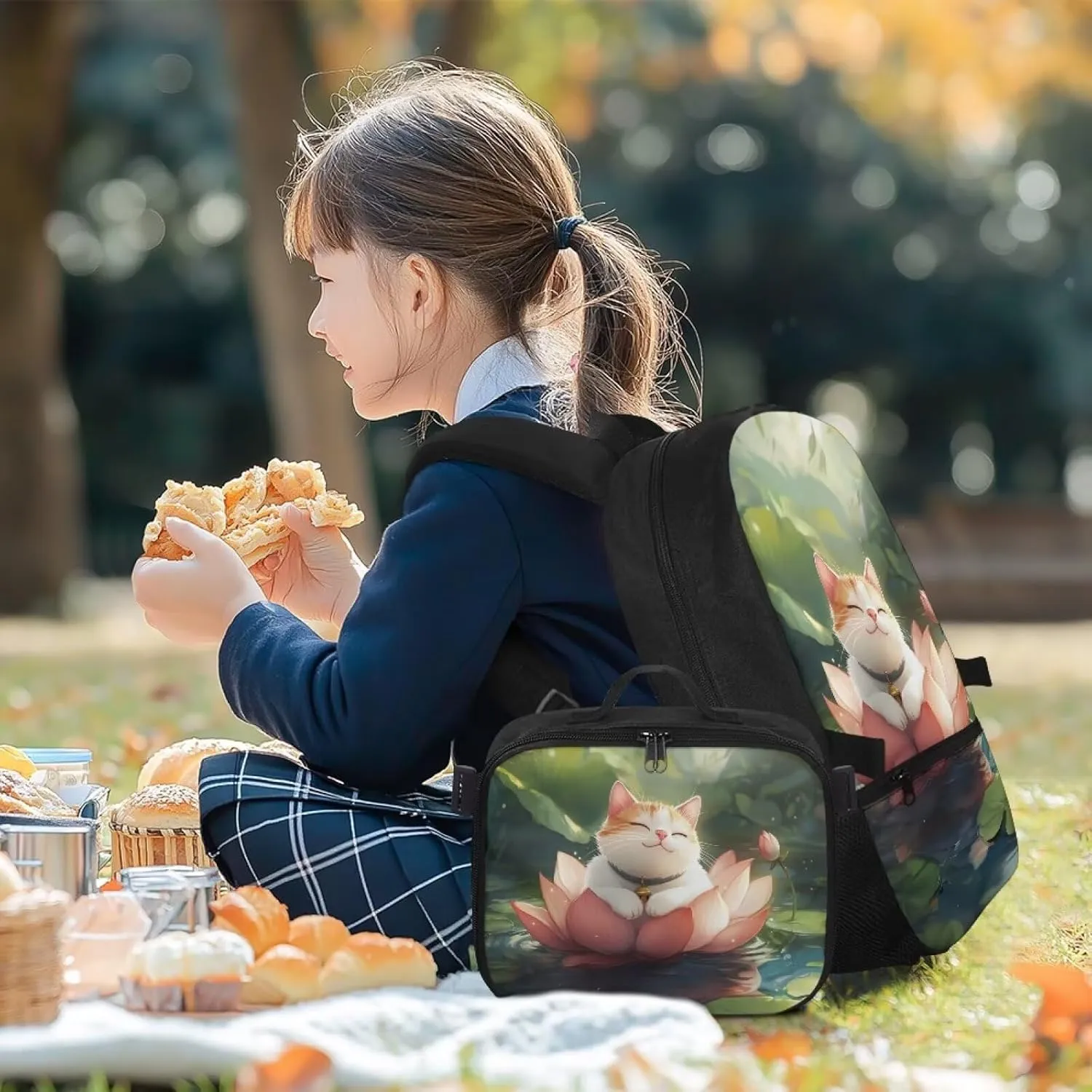 FOR U DESIGNS Girls Cat Backpack with Lunch Bag Attached 17 Inch Versatile Kids Bookbag, Ergonomic School Backpack with Lunch Box for Outdoor Classroom Organization