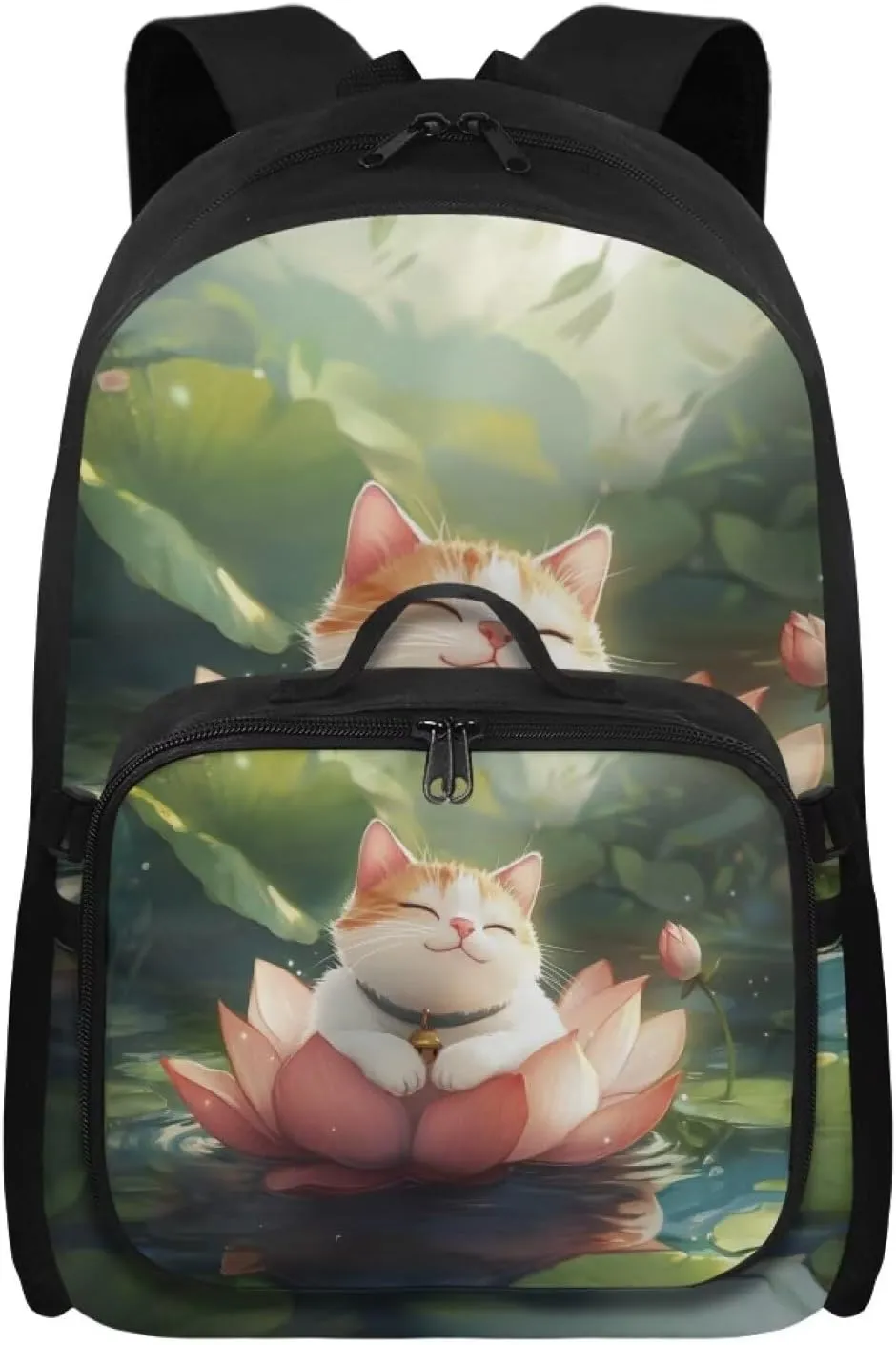 FOR U DESIGNS Girls Cat Backpack with Lunch Bag Attached 17 Inch Versatile Kids Bookbag, Ergonomic School Backpack with Lunch Box for Outdoor Classroom Organization