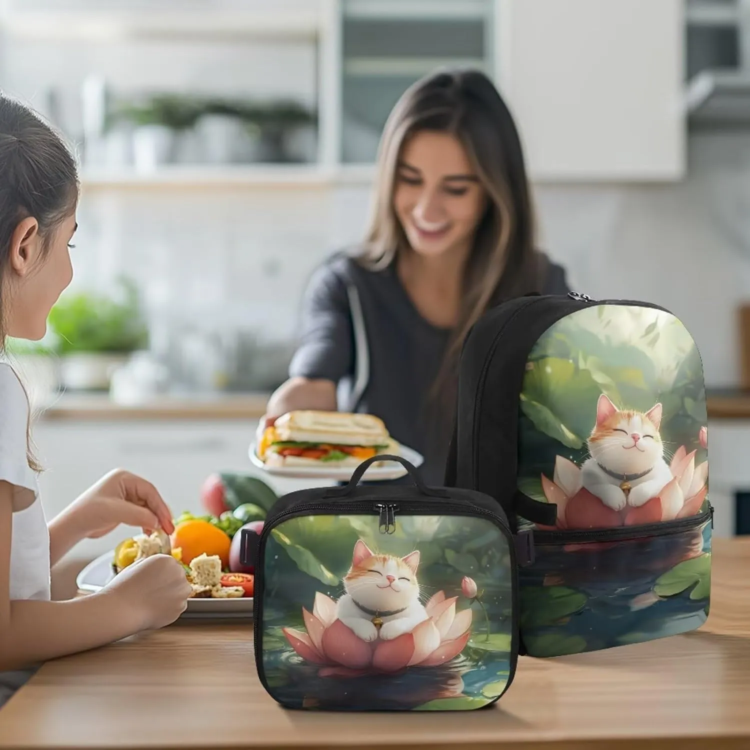 FOR U DESIGNS Girls Cat Backpack with Lunch Bag Attached 17 Inch Versatile Kids Bookbag, Ergonomic School Backpack with Lunch Box for Outdoor Classroom Organization