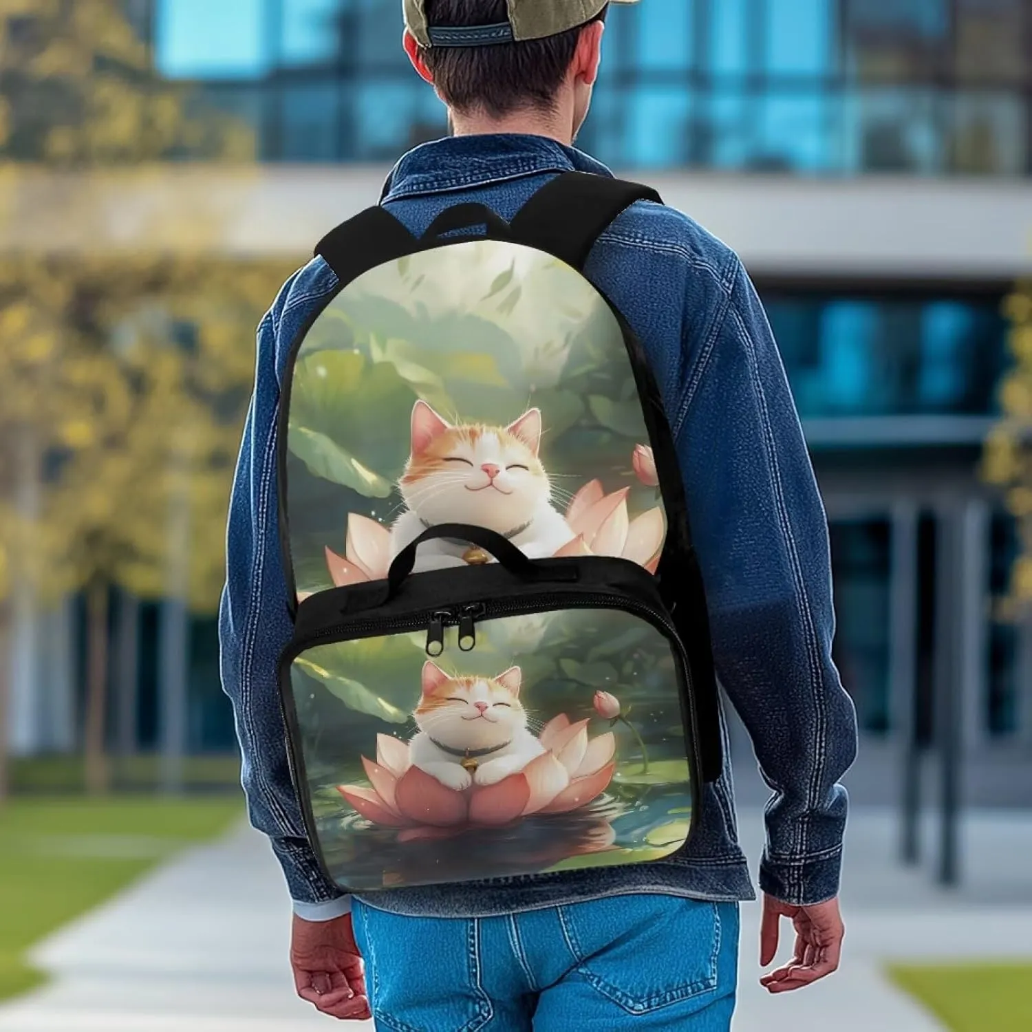 FOR U DESIGNS Girls Cat Backpack with Lunch Bag Attached 17 Inch Versatile Kids Bookbag, Ergonomic School Backpack with Lunch Box for Outdoor Classroom Organization
