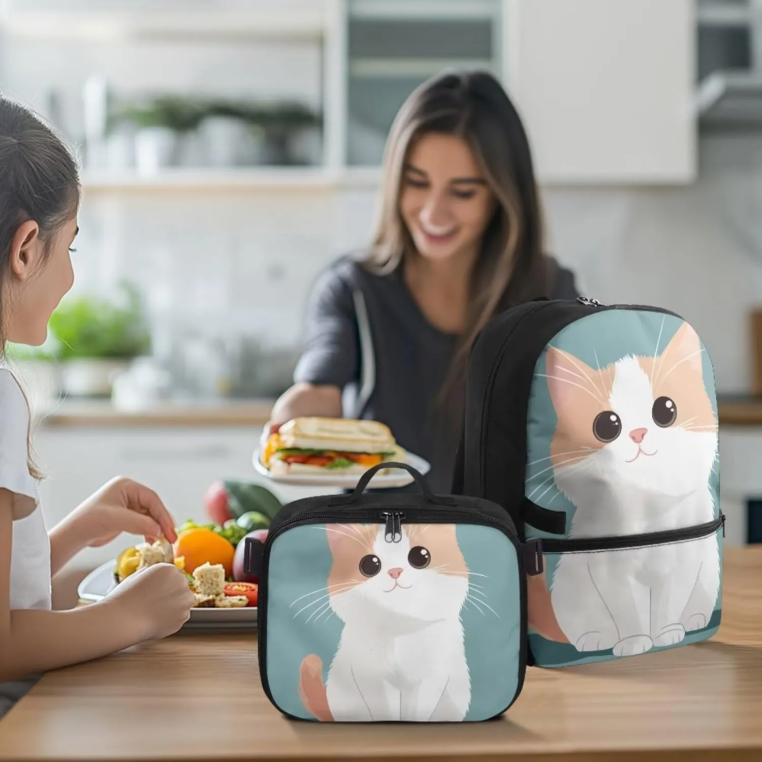 FOR U DESIGNS Girls Cat Backpack with Lunchbox Attached 17 Inch Kids School Bookbag Lunch Bag Combo Lightweight Ergonomic for Outdoor Travel Elementary Comfort Carry