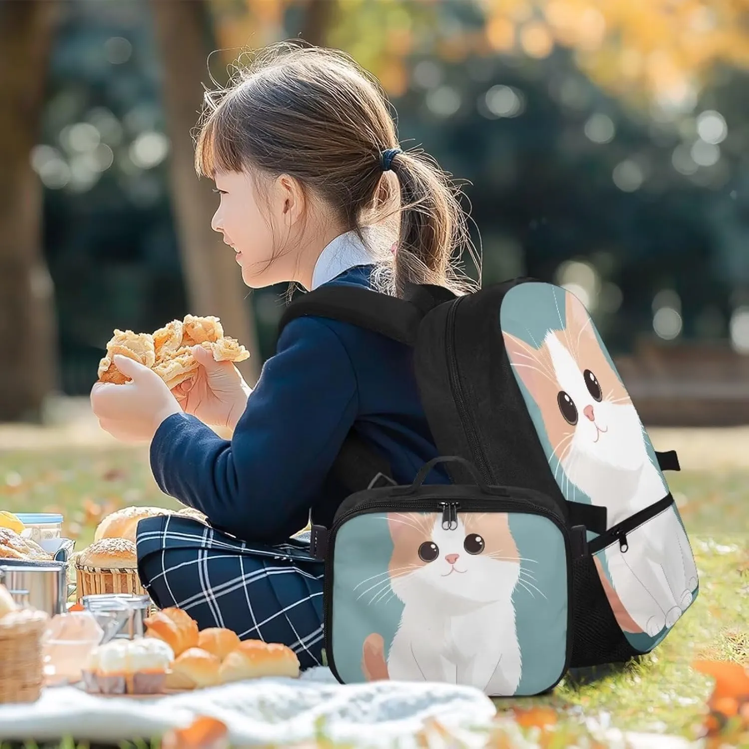 FOR U DESIGNS Girls Cat Backpack with Lunchbox Attached 17 Inch Kids School Bookbag Lunch Bag Combo Lightweight Ergonomic for Outdoor Travel Elementary Comfort Carry