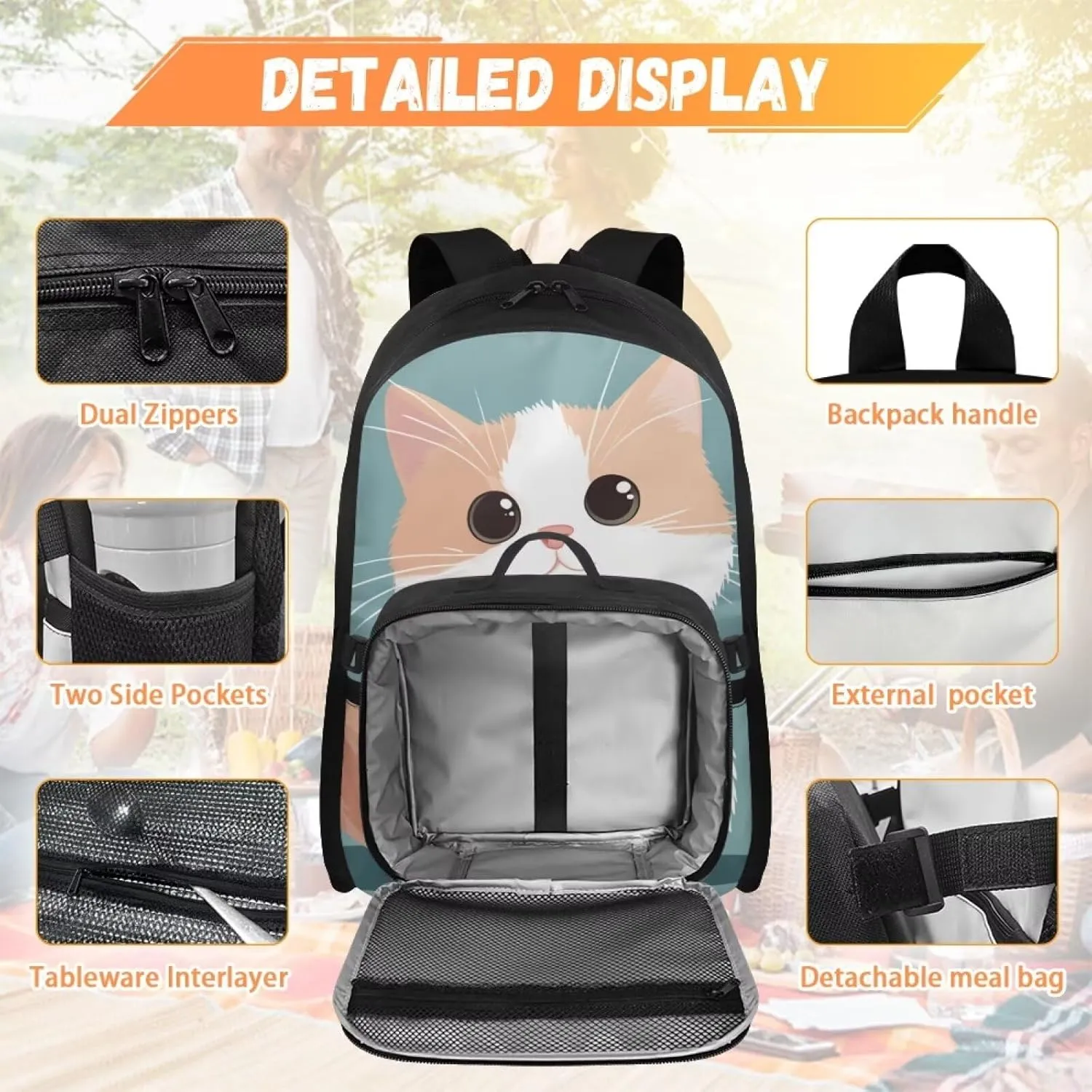 FOR U DESIGNS Girls Cat Backpack with Lunchbox Attached 17 Inch Kids School Bookbag Lunch Bag Combo Lightweight Ergonomic for Outdoor Travel Elementary Comfort Carry
