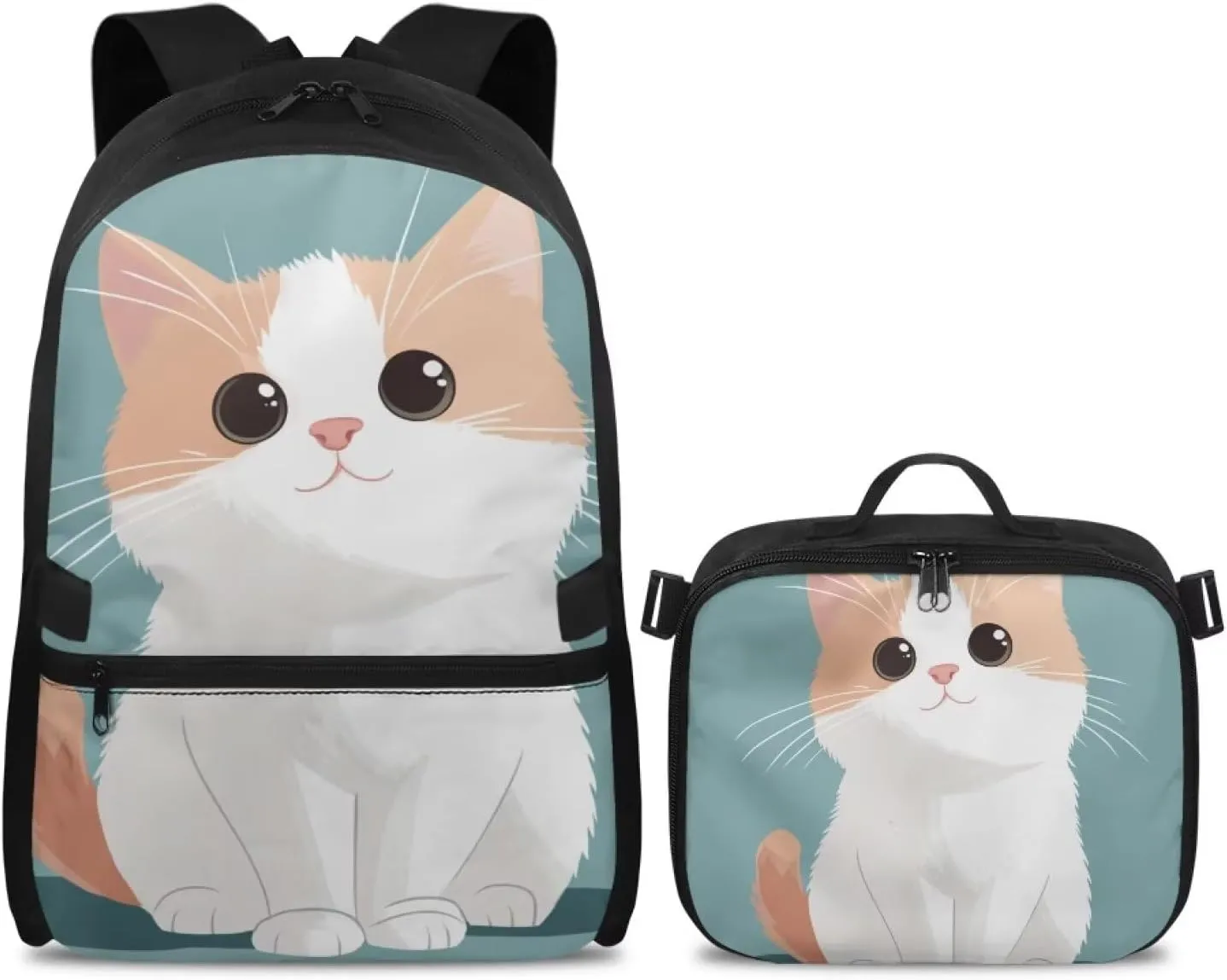 FOR U DESIGNS Girls Cat Backpack with Lunchbox Attached 17 Inch Kids School Bookbag Lunch Bag Combo Lightweight Ergonomic for Outdoor Travel Elementary Comfort Carry