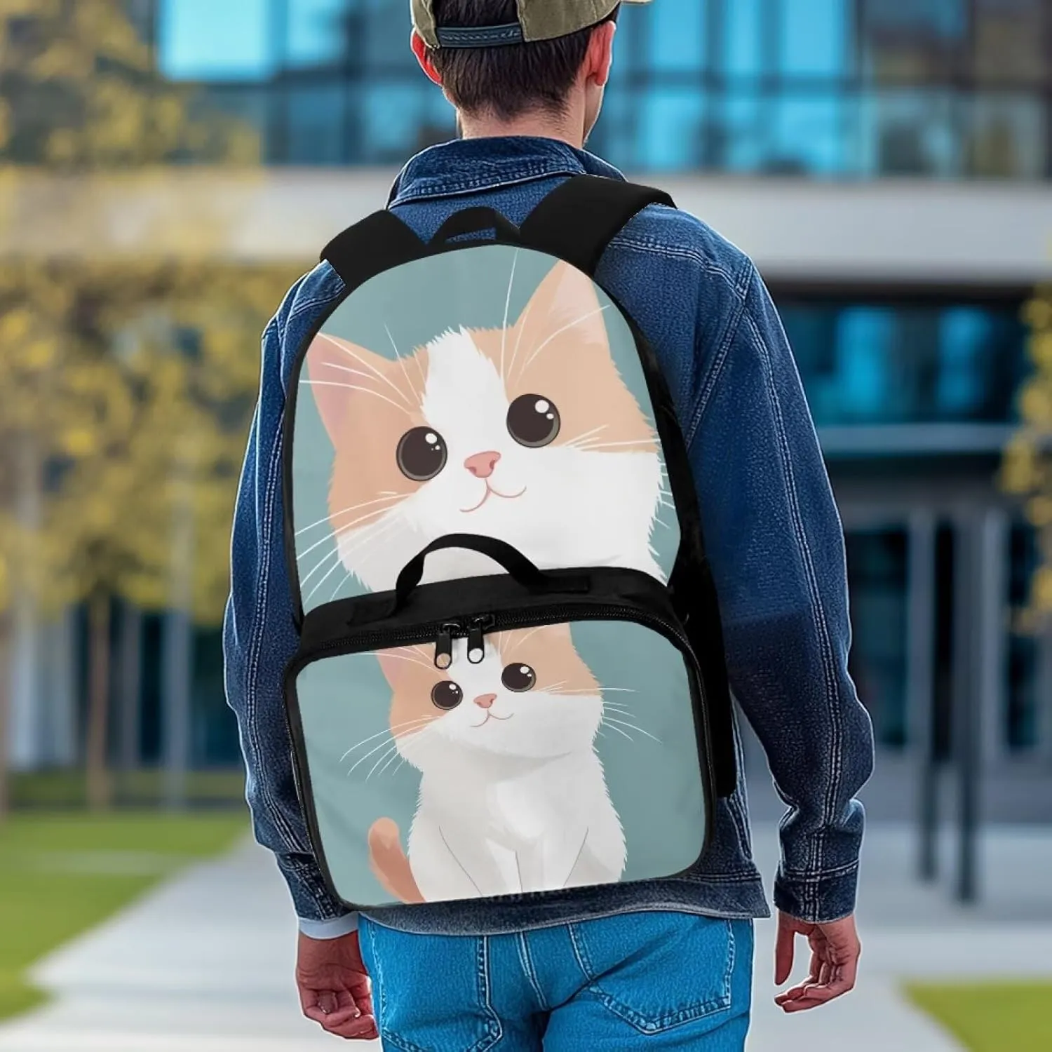 FOR U DESIGNS Girls Cat Backpack with Lunchbox Attached 17 Inch Kids School Bookbag Lunch Bag Combo Lightweight Ergonomic for Outdoor Travel Elementary Comfort Carry