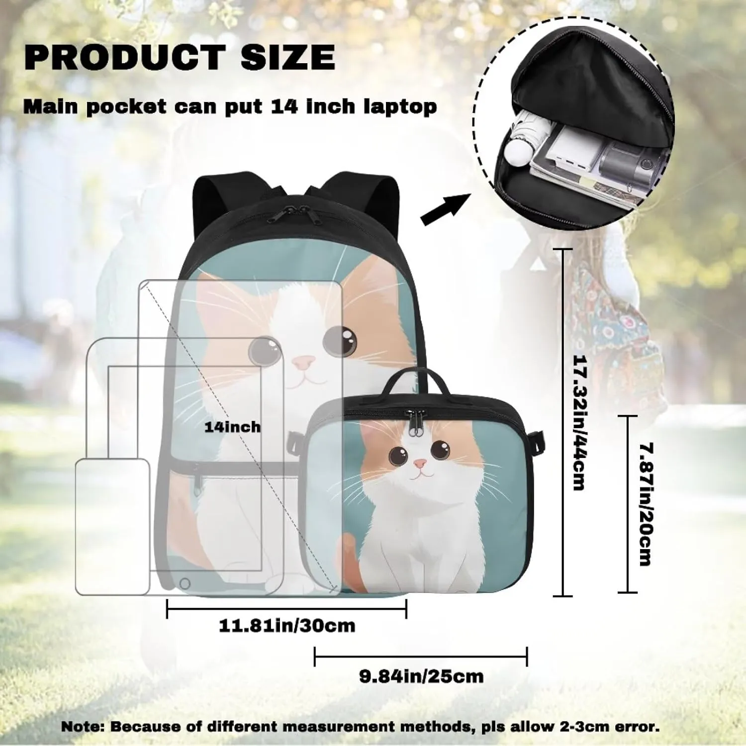 FOR U DESIGNS Girls Cat Backpack with Lunchbox Attached 17 Inch Kids School Bookbag Lunch Bag Combo Lightweight Ergonomic for Outdoor Travel Elementary Comfort Carry