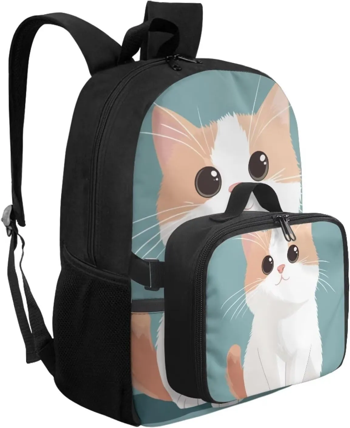 FOR U DESIGNS Girls Cat Backpack with Lunchbox Attached 17 Inch Kids School Bookbag Lunch Bag Combo Lightweight Ergonomic for Outdoor Travel Elementary Comfort Carry