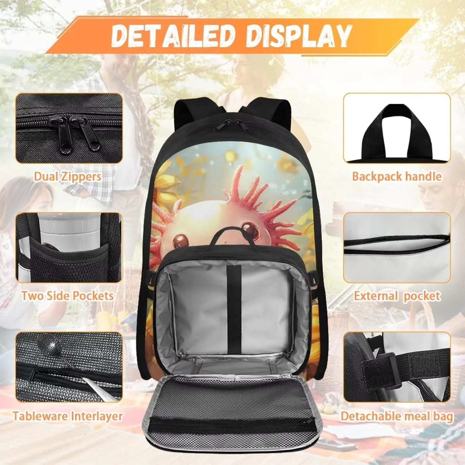 FOR U DESIGNS School Backpack with Attached Lunch Box Girls 17 Inch Kids Sunflower Axolotl Bookbag and Lunch Box Combo Lightweight Ergonomic School Bag with Lunch Bag