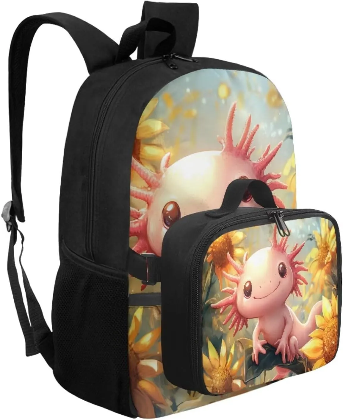 FOR U DESIGNS School Backpack with Attached Lunch Box Girls 17 Inch Kids Sunflower Axolotl Bookbag and Lunch Box Combo Lightweight Ergonomic School Bag with Lunch Bag