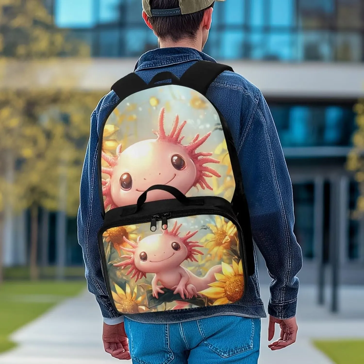 FOR U DESIGNS School Backpack with Attached Lunch Box Girls 17 Inch Kids Sunflower Axolotl Bookbag and Lunch Box Combo Lightweight Ergonomic School Bag with Lunch Bag