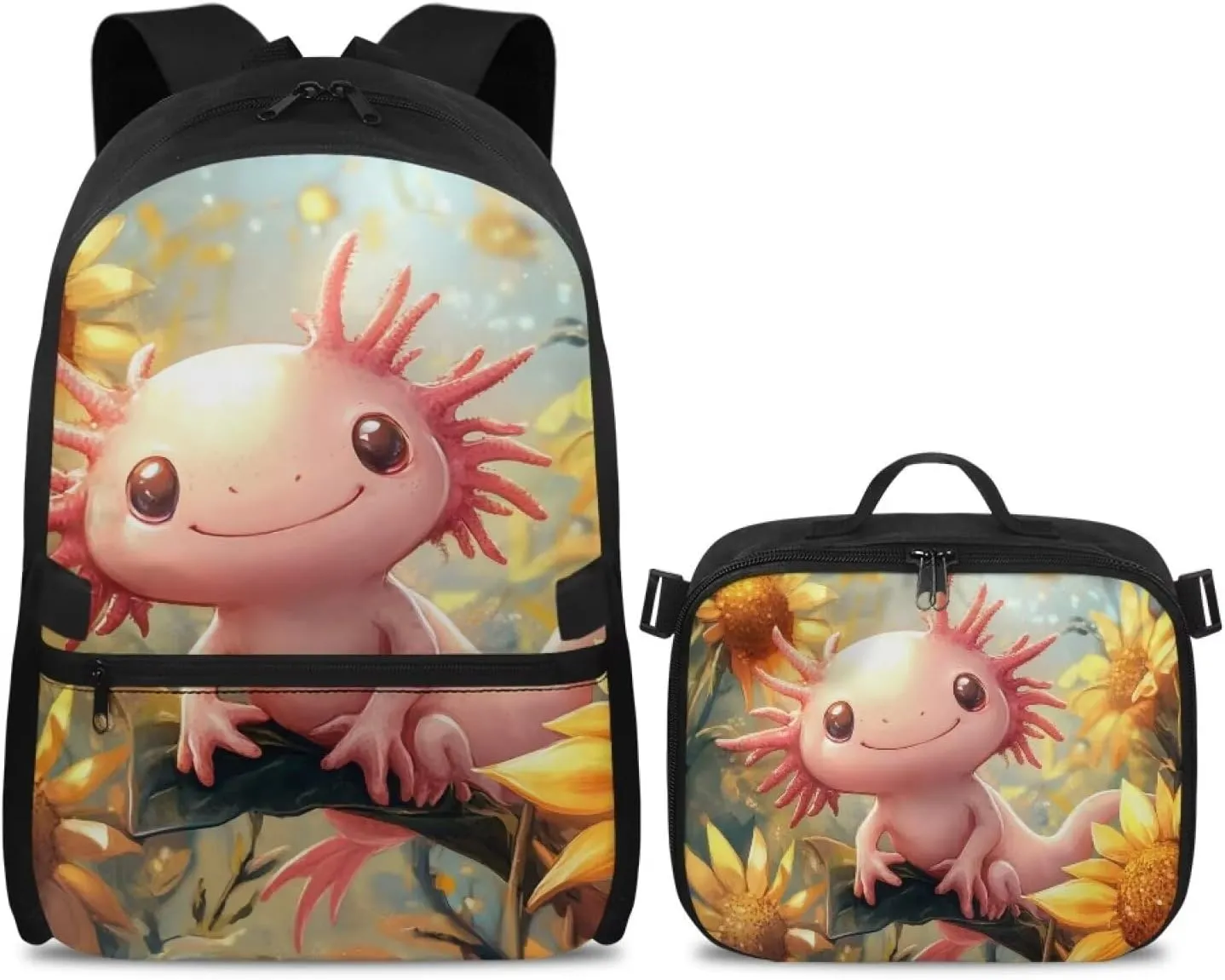 FOR U DESIGNS School Backpack with Attached Lunch Box Girls 17 Inch Kids Sunflower Axolotl Bookbag and Lunch Box Combo Lightweight Ergonomic School Bag with Lunch Bag