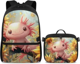 FOR U DESIGNS School Backpack with Attached Lunch Box Girls 17 Inch Kids Sunflower Axolotl Bookbag and Lunch Box Combo Lightweight Ergonomic School Bag with Lunch Bag