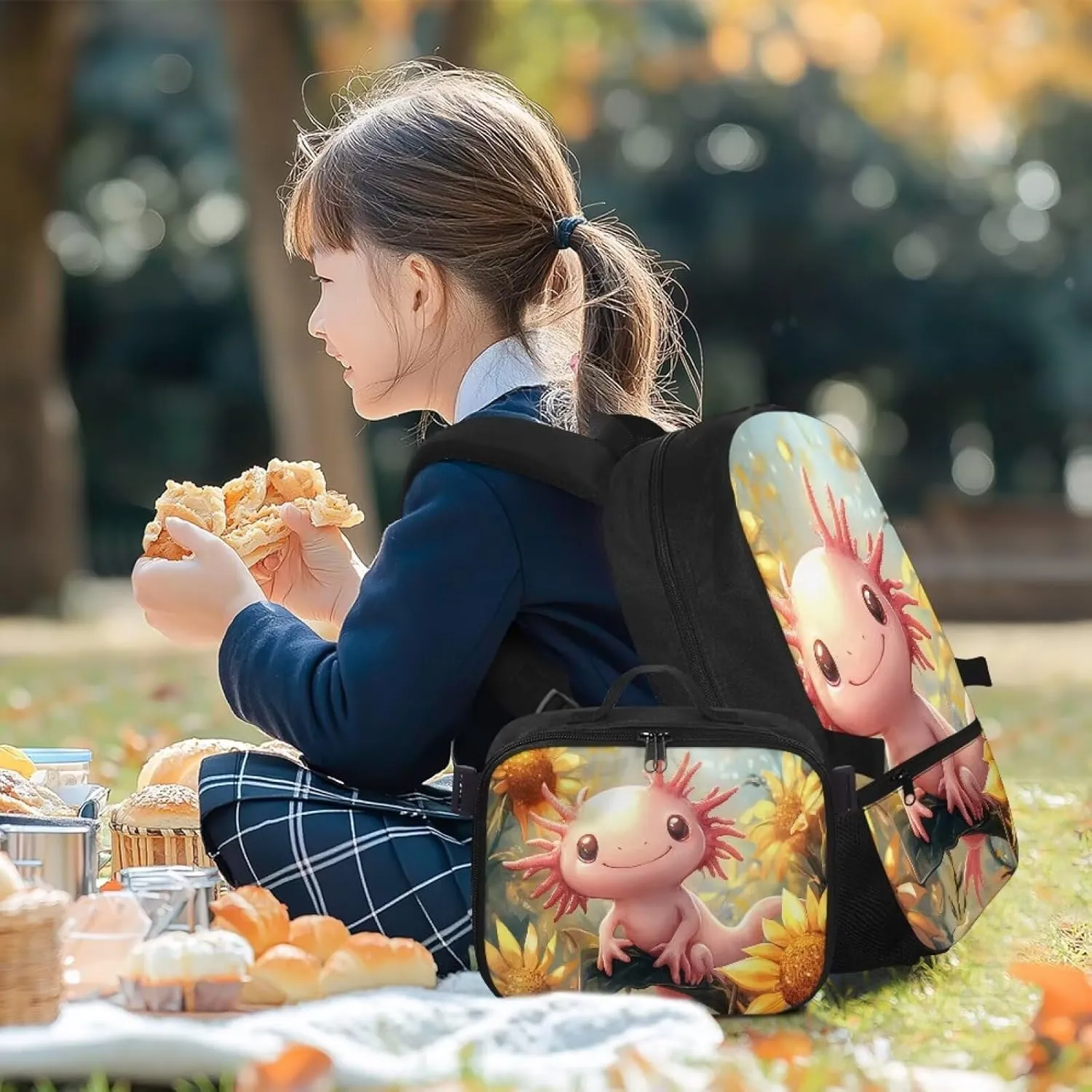 FOR U DESIGNS School Backpack with Attached Lunch Box Girls 17 Inch Kids Sunflower Axolotl Bookbag and Lunch Box Combo Lightweight Ergonomic School Bag with Lunch Bag