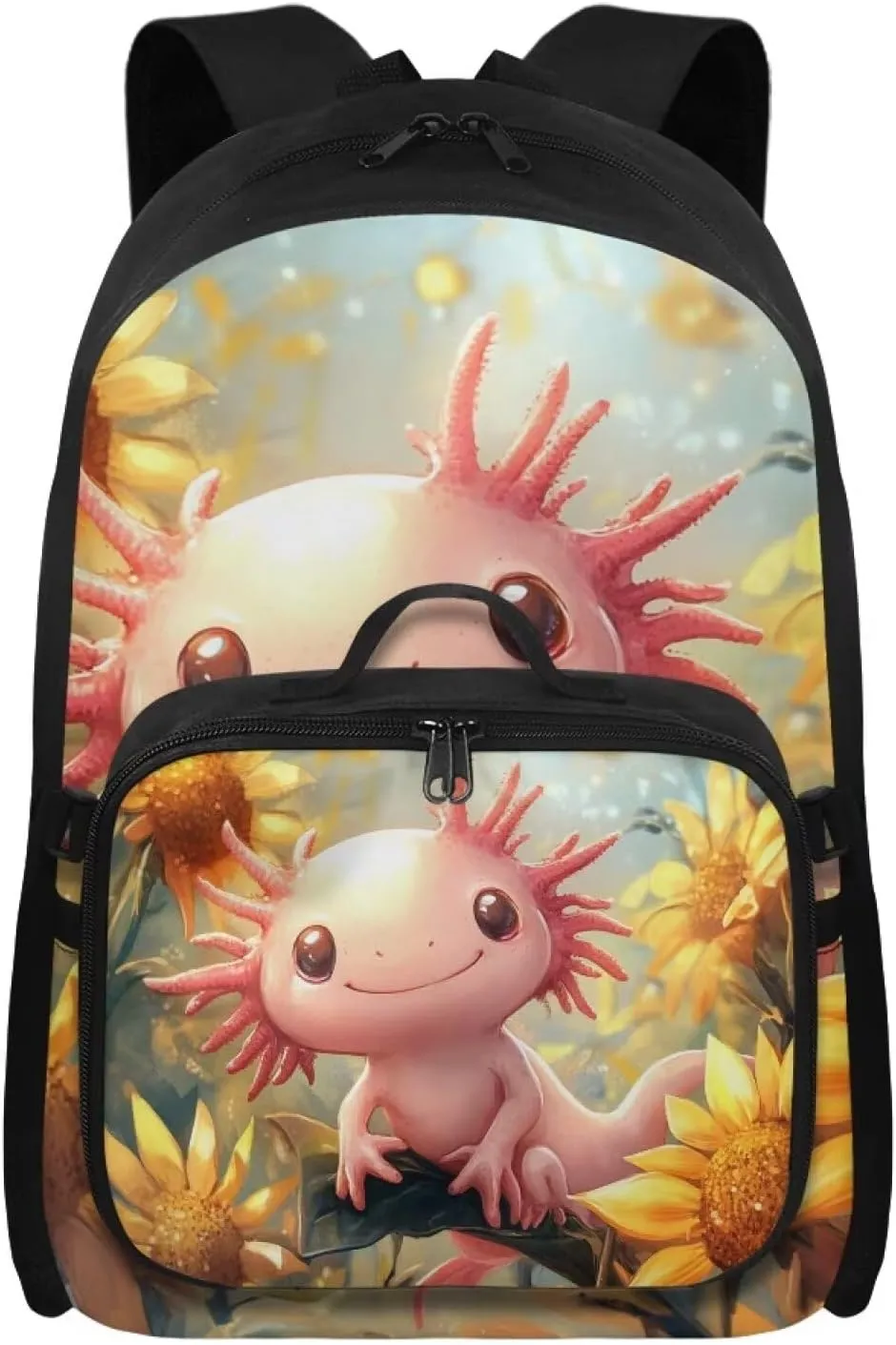 FOR U DESIGNS School Backpack with Attached Lunch Box Girls 17 Inch Kids Sunflower Axolotl Bookbag and Lunch Box Combo Lightweight Ergonomic School Bag with Lunch Bag