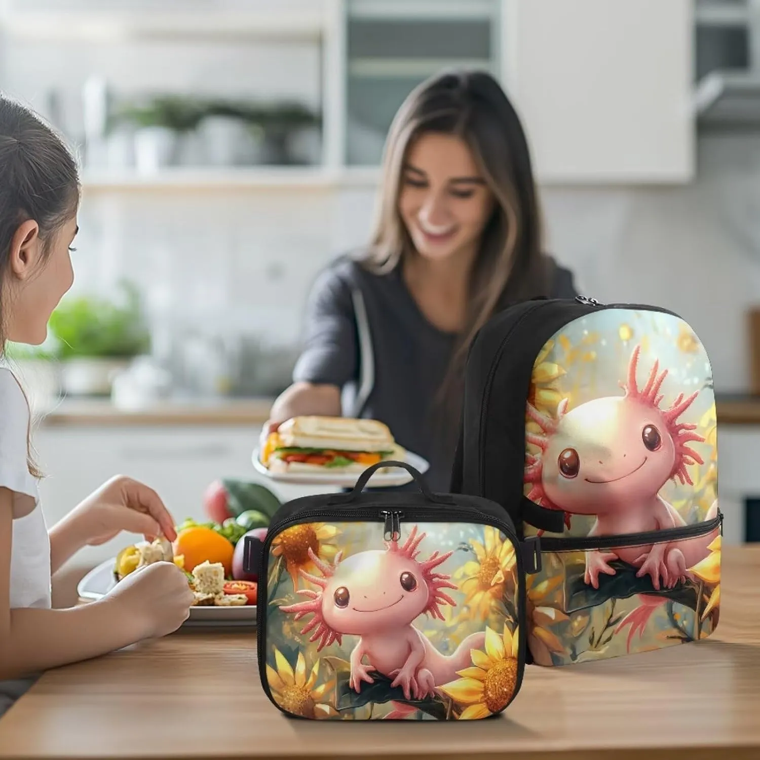FOR U DESIGNS School Backpack with Attached Lunch Box Girls 17 Inch Kids Sunflower Axolotl Bookbag and Lunch Box Combo Lightweight Ergonomic School Bag with Lunch Bag