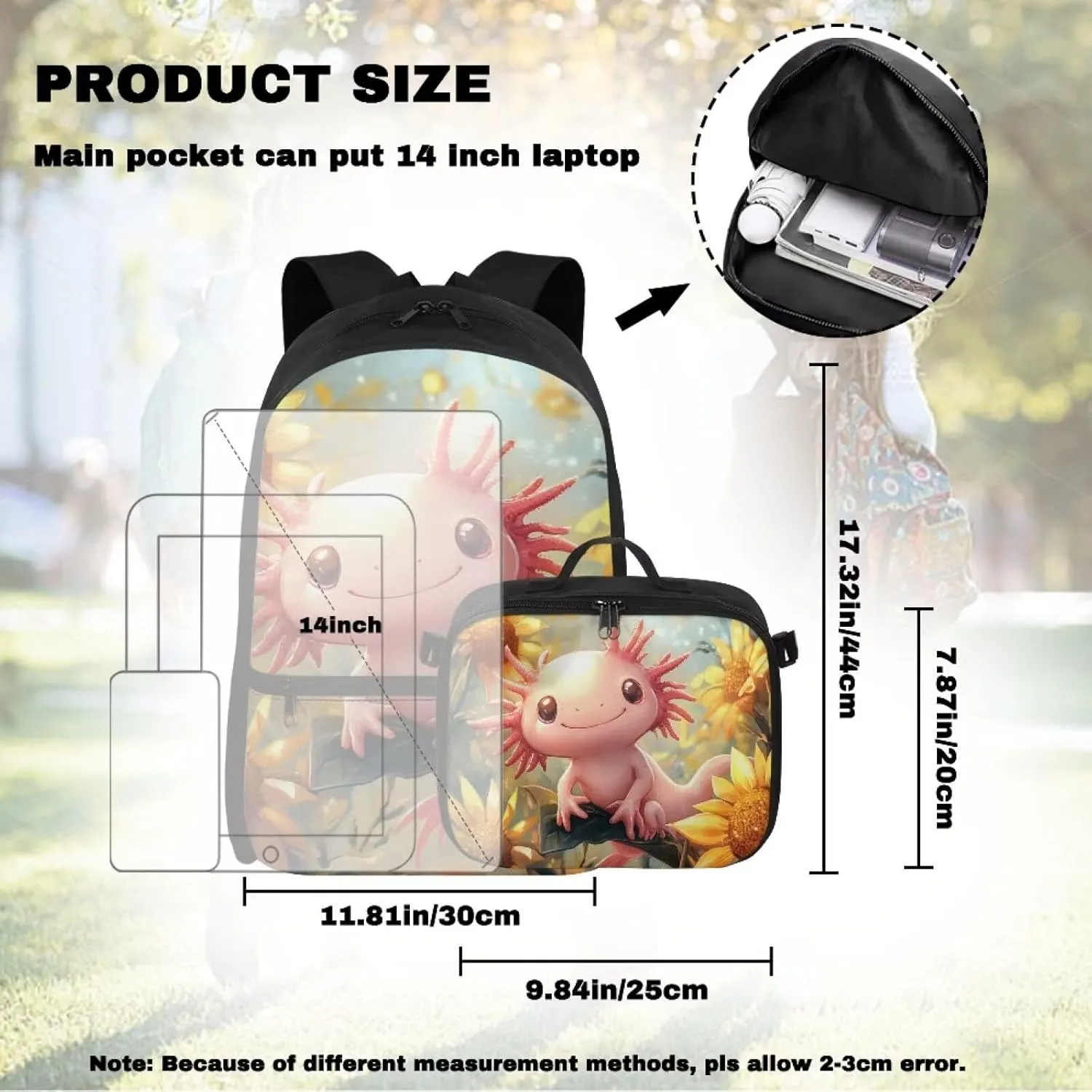 FOR U DESIGNS School Backpack with Attached Lunch Box Girls 17 Inch Kids Sunflower Axolotl Bookbag and Lunch Box Combo Lightweight Ergonomic School Bag with Lunch Bag