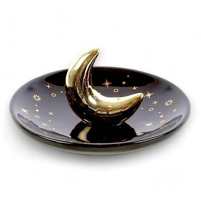 Gold Crescent Moon Incense Stick Holder with Star Detail