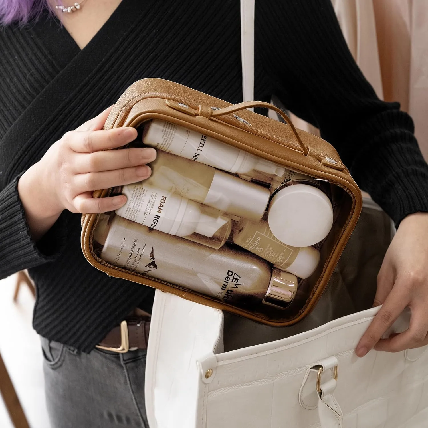 GRANNY SAYS TSA Approved Toiletry Bag, Clear Makeup Bag, Travel Toiletry Bags for Women, Leather Travel Cosmetic Bags, Portable PVC Waterproof Bag, Large Makeup Organizer, Brown