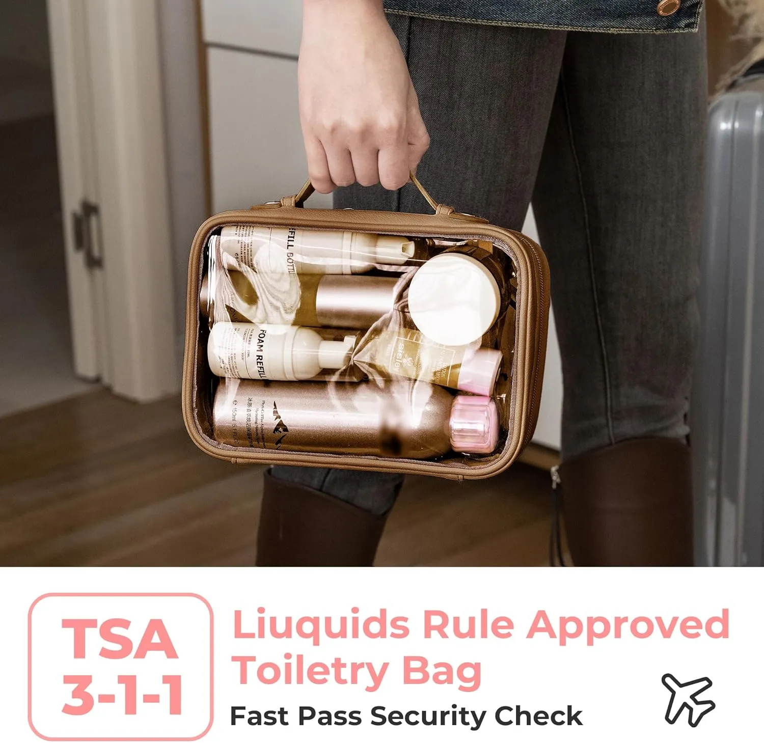 GRANNY SAYS TSA Approved Toiletry Bag, Clear Makeup Bag, Travel Toiletry Bags for Women, Leather Travel Cosmetic Bags, Portable PVC Waterproof Bag, Large Makeup Organizer, Brown