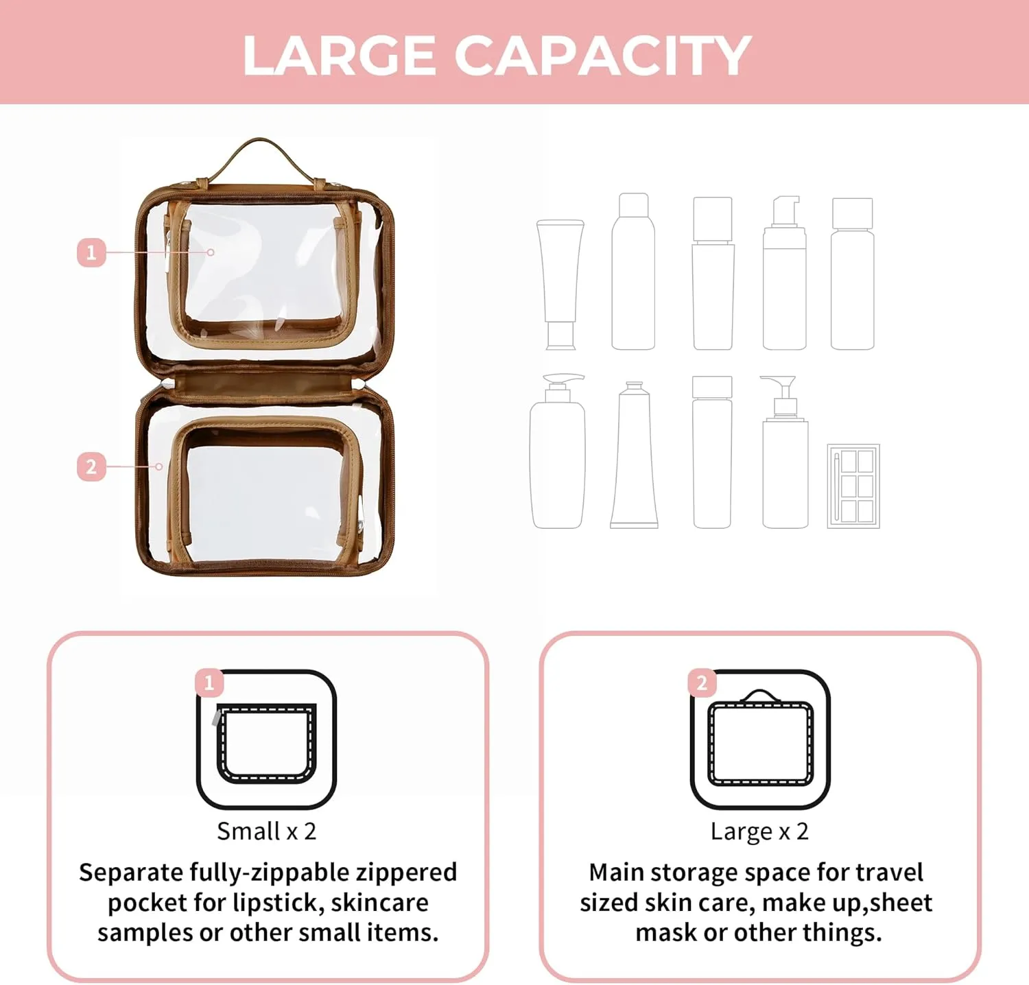 GRANNY SAYS TSA Approved Toiletry Bag, Clear Makeup Bag, Travel Toiletry Bags for Women, Leather Travel Cosmetic Bags, Portable PVC Waterproof Bag, Large Makeup Organizer, Brown