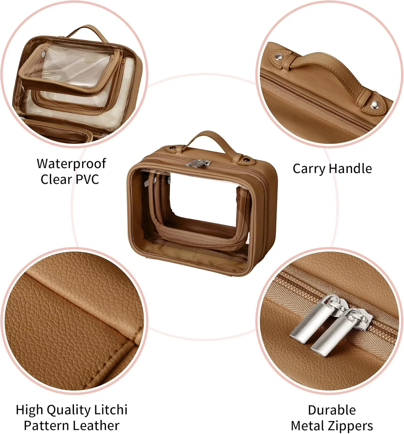 GRANNY SAYS TSA Approved Toiletry Bag, Clear Makeup Bag, Travel Toiletry Bags for Women, Leather Travel Cosmetic Bags, Portable PVC Waterproof Bag, Large Makeup Organizer, Brown