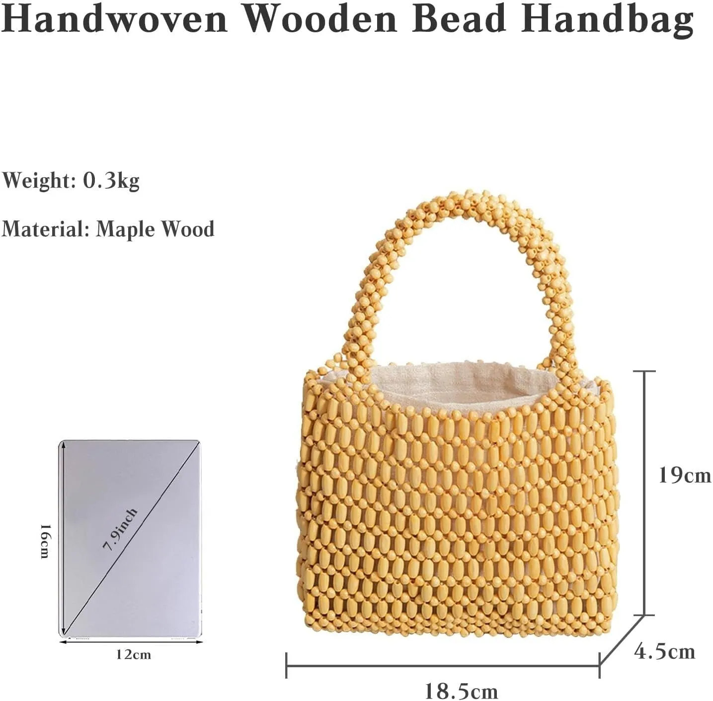 Handmade Woven Bucket Drawstring Handbag Bohe Clutch Summer Beach Wooden Bead Retro Handwoven Tote for Women
