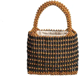 Handmade Woven Bucket Drawstring Handbag Bohe Clutch Summer Beach Wooden Bead Retro Handwoven Tote for Women
