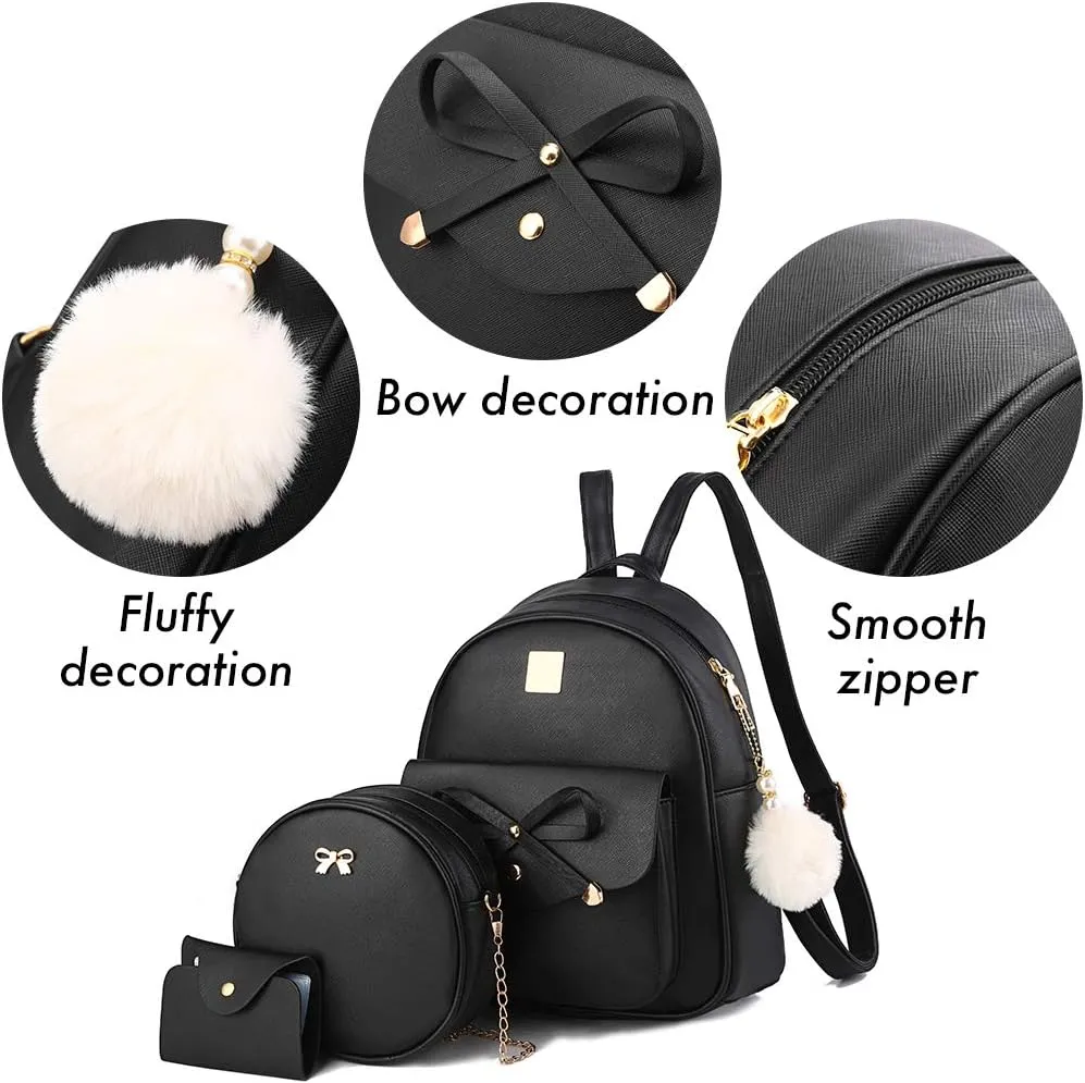 I IHAYNER Girls Bowknot 3-Pieces Fahsion Leather Backpack Backpack Purse for Women Rucksack for Ladies Shoulder Bag
