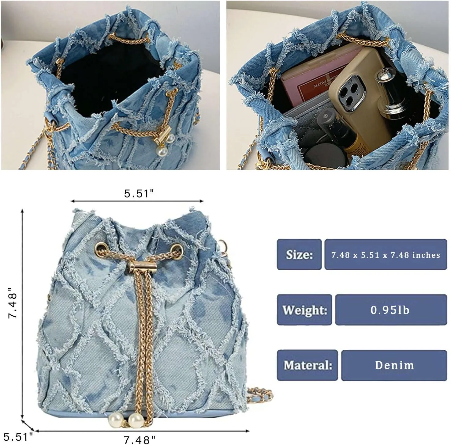 Jean Purses for Women, Distressed Jean Denim Bucket Bags Quilted Crossbody, Small Shoulder Bag Drawstring Handbag