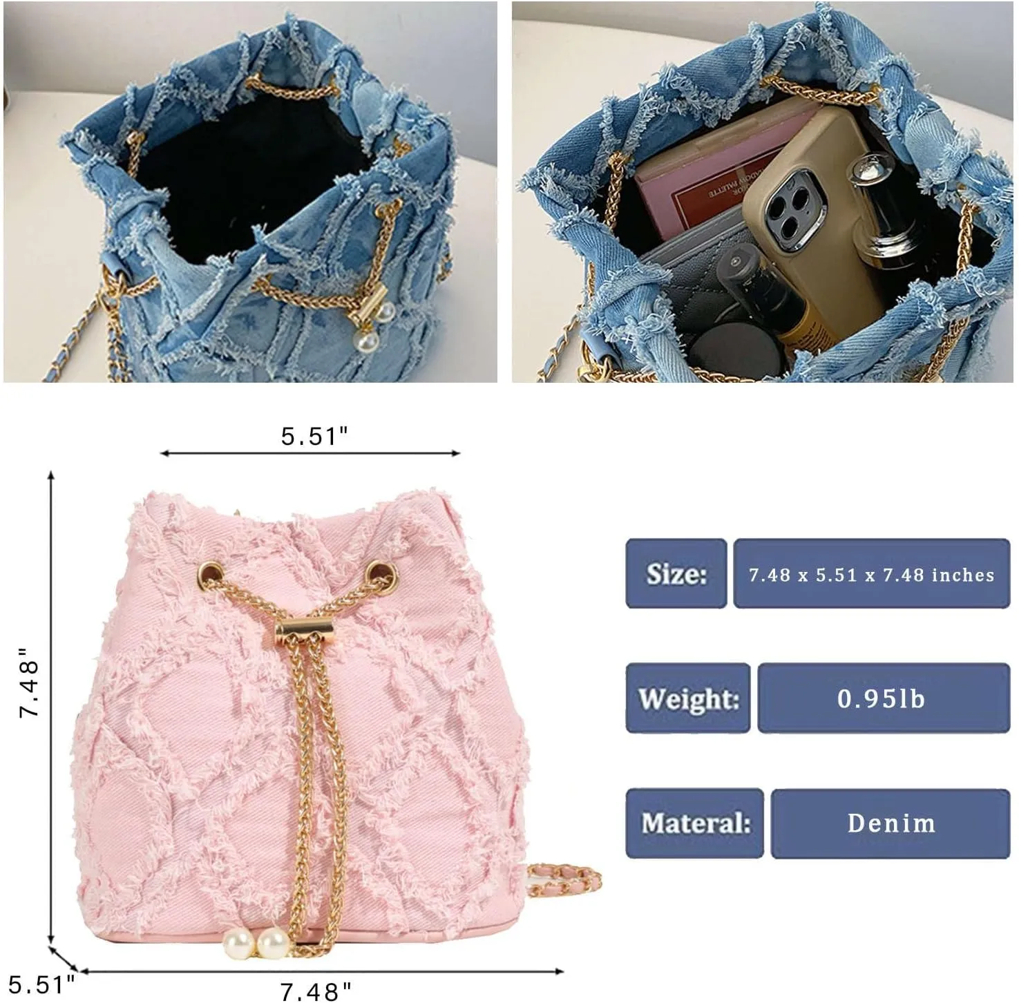 Jean Purses for Women, Distressed Jean Denim Bucket Bags Quilted Crossbody, Small Shoulder Bag Drawstring Handbag
